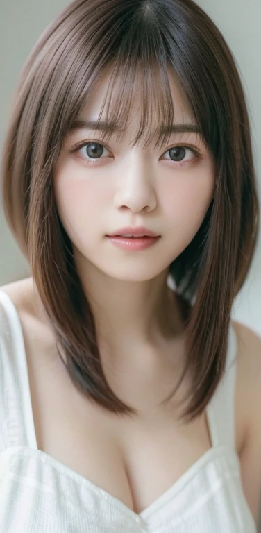 masterpiece, highest quality, 8k, 20th Generation, Large Breasts, cute, alone, sad, cute, Girlish, Delicate girl, Pure beauty, RAW Photos, Professional photography, Portraiture, Soft Light, Professional Lighting, Backlight, Upper Body, avert your eyes, Sophisticated, Film Grain, (Eyes and facial details:1.0), Short floating hair, Beautiful, flowing hair, bangs, (Waffle-material cache-coeur(Vibrant pastel colors))、(Large Breasts:1.0)、You can see a little cleavage、Nipple protrusion、Dolly Makeup、Translucent white skin、White Breasts、Odd Eye、The colour of the left and right eyes are different