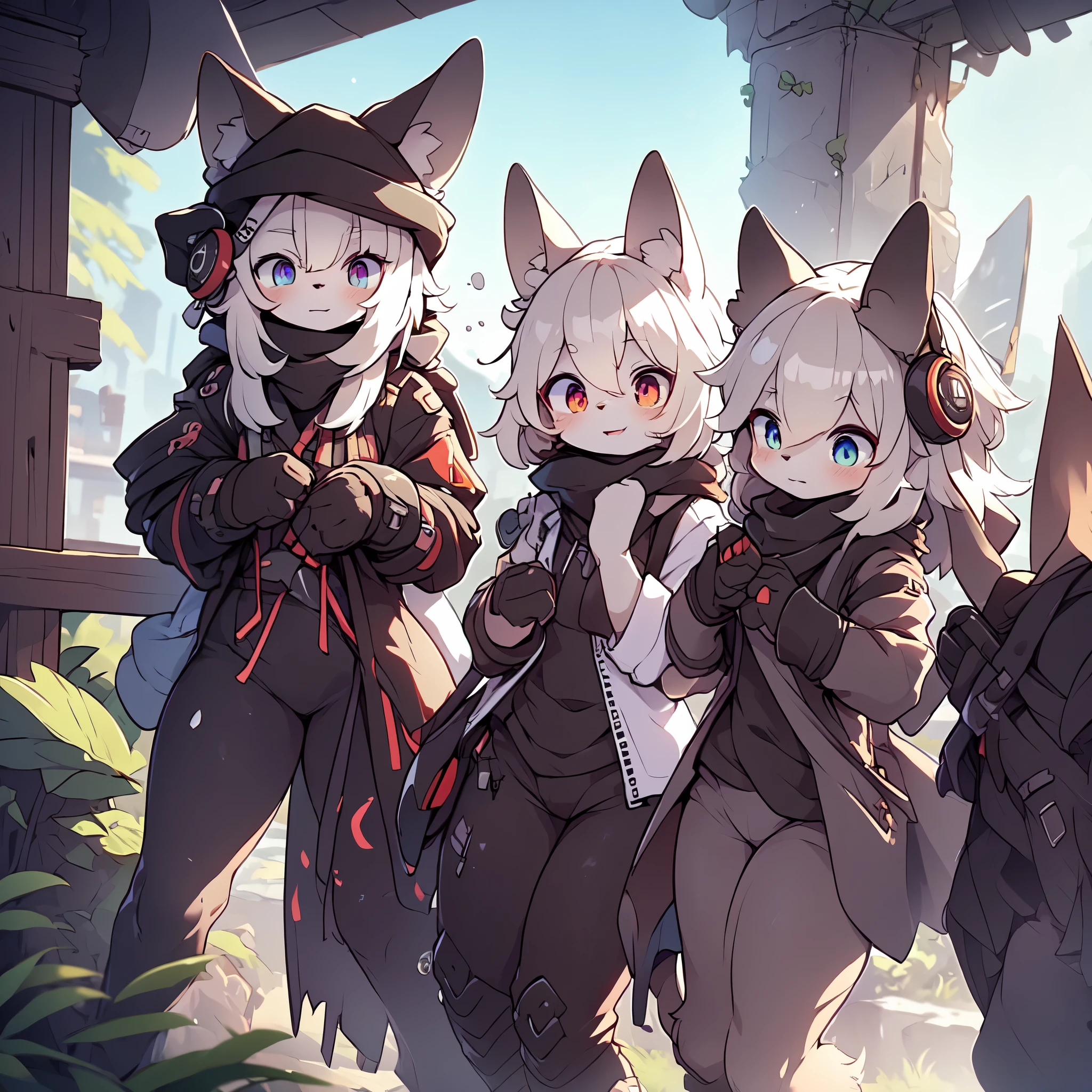 Kawaii, Striped Fluffy Fox, emaciated, long hair, 3girls, artificial synthetic skin, life support prosthetics, digital headphones, black tight latex bodysuit, white long dress, thigh-high-socks, shorts, loose off-the-shoulder hood open jacket, holsters in thigh, Mechanical boots, tactical knee pads, tactical belted loose Arm Sleeves, cybernetic Display gloves, chest rigs, tactical belts, blue archive halo, bulletproof goggles on forehead, from Ark nights, ray tracing, depth of field, bloom, masterpiece, ccurate, high details, highres