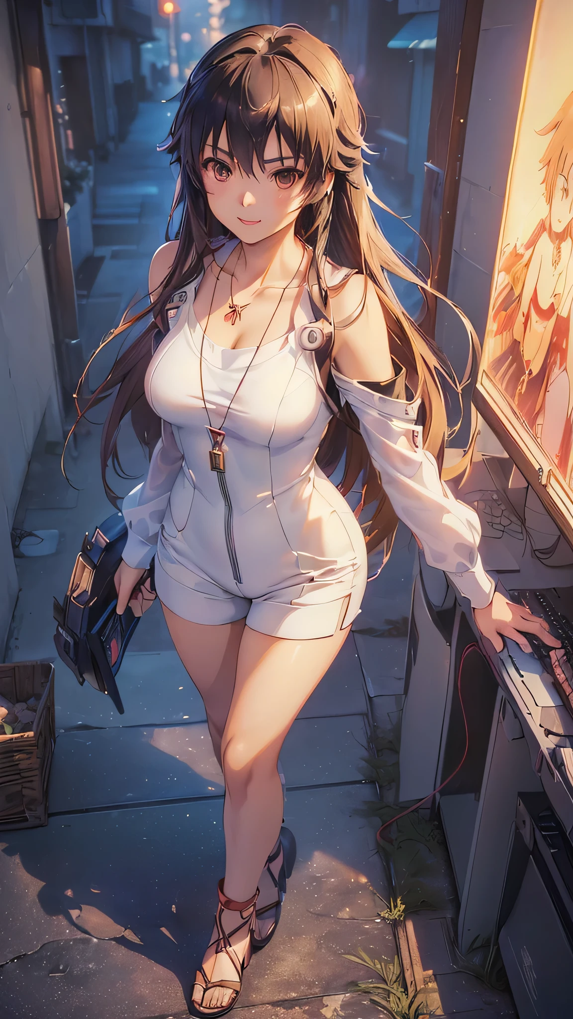 ((Final Fantasy (Yuna), (young girl, , full body, naked body, dark hair, light skin, scarlet lips, smile; black, expressive playful eyes, long eyelashes)). ((Anime girl with brown hair hair and white dress with necklace, beautiful character painting, soft anime computer graphics, realistic anime art, beautiful anime woman, Cyberpunk, futurism, tight jumpsuit, anime girl rendering, Makoto Shinkai and Artgerm, realistic 3D anime style, anime realism style, digital art in anime style, beautiful anime girl)), (style, very beautiful young girl)). ((High quality, masterpiece)).very sexy, 75 % nsfw, 60% nude