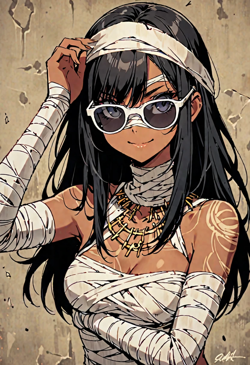 solo, female, mummified, tan skin, long black hair:1.2, bandaged body:1.2, small_sunglasses:1.1, round_frame_sunglasses:1.7, bandaged_arms:1.6, bandaged_torso:1.2, bandaged_neck:1, bandaged_head:1.2, ancient, SFW, sunglasses_on_nose:1.2, smile, face