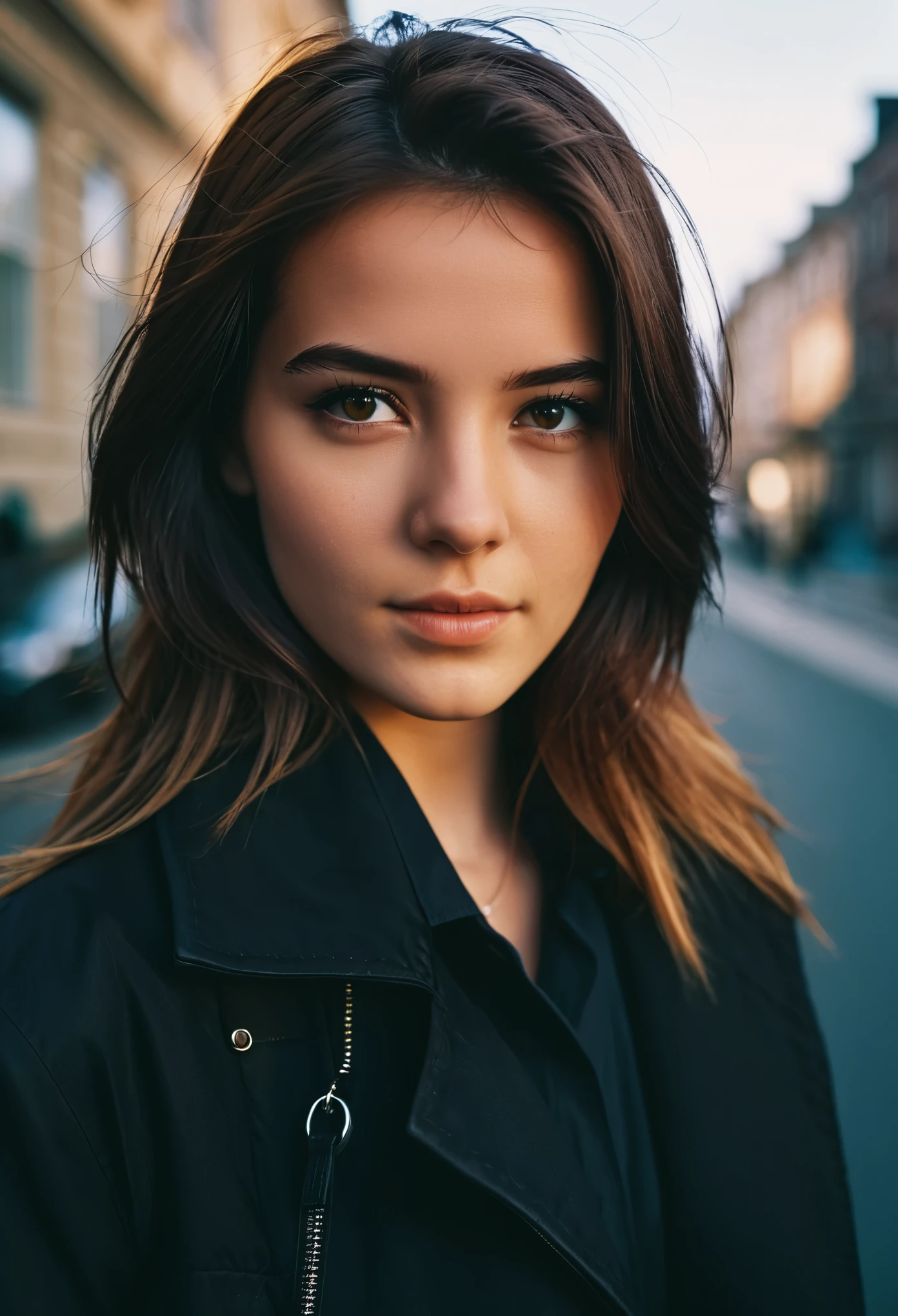 photography, city street, closeup portrait photo of young woman in dark clothes, sunny, daylight, fog, Fujifilm XT3, Canon R5, Fujicolor Fujichrome Velvia 100