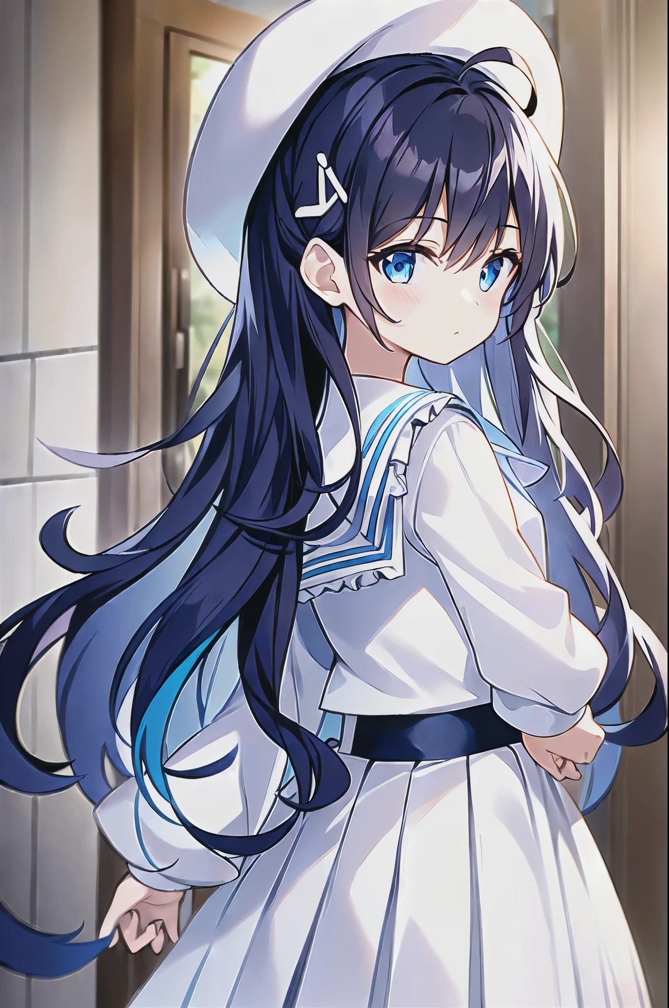 (((masterpiece))) (((highest quality))), (((beautiful))), (((8k))), (((High resolution))), (((Great illustrations))), (1 girl:1.3), (child:1.5), (In addition:1.2), (Dark blue straight long hair:1.3), (very long, Dark blue sideburns), (Very wide parted dark blue bangs:1.3), (Simple hair clip:1.4), (Ahoge:1.4), (Small blue eyes:1.2), (Slightly droopy eyes:1.3), (Ultra-flat chest:1.4), (Very small breasts:1.4), (Laughter:1.3), (Cowboy Shot:1.3), (look back:1.4), (White Sailor Suit:1.4), (Long sleeve:1.2), (White pleated skirt:1.4), (Inside the school building:1.3), (White Hat:1.2), (Blue ribbon:1.5). (Frills:1.5),