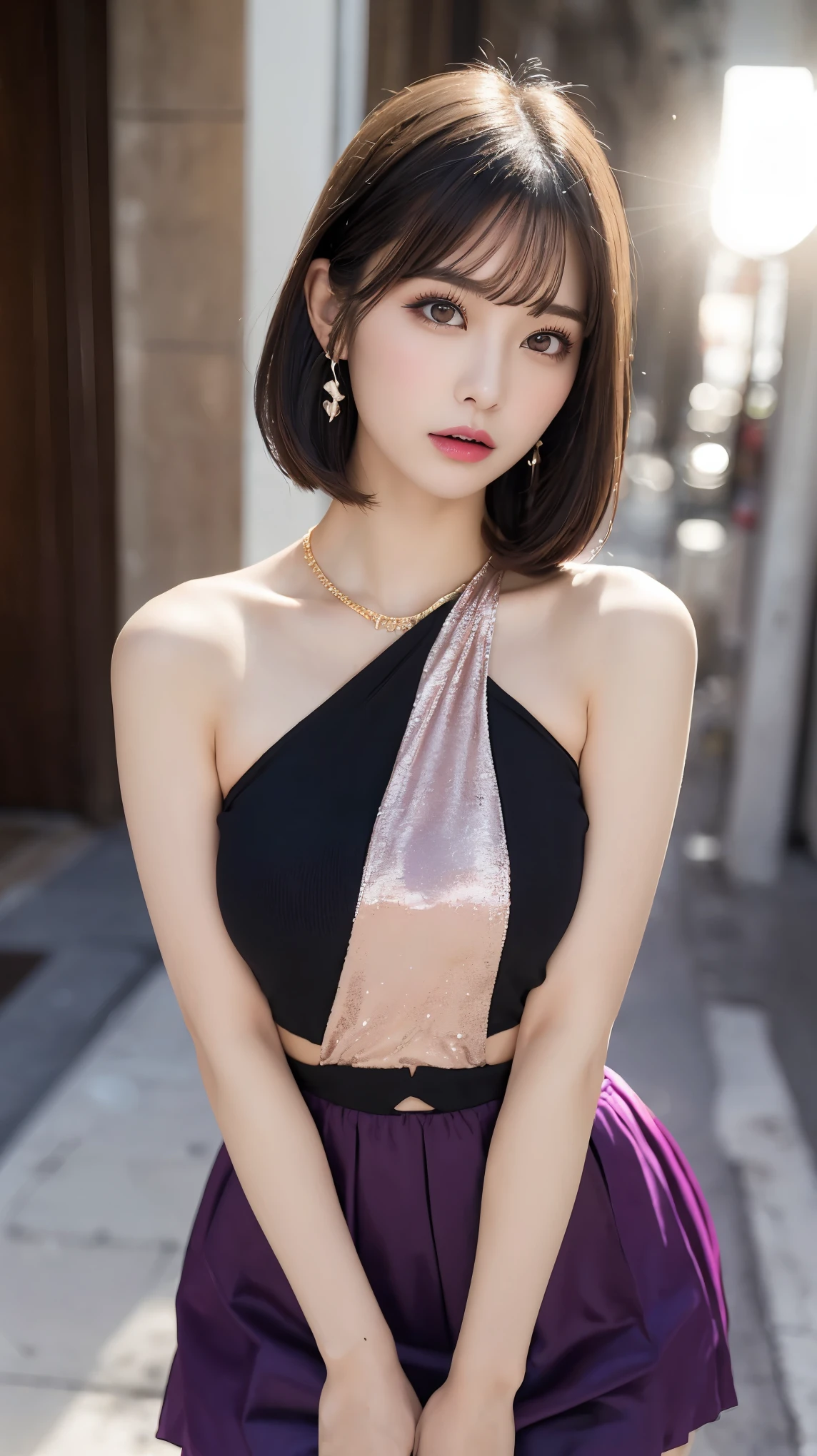 City of night, 1 female, A flashy Japanese gal, 20-year-old, ,((Completely naked)),((No clothes)),Double Eyes,mile, Detailed face, big ring earrings，Ring-shaped bracelet, Fancy large necklace, Rich purple eyeshadow, Flashy glitter makeup，Long False Eyelashes, Thick eyeliner, ((Short Bob:1.5))，Flashy Nails, fine grain, ((Gal clothes:1.5)), Slender proportions,Flat Chest, Small hips, Sexy pose, Official Art，Highly detailed CG Unity 8k wallpaper, (masterpiece:1.0),(highest quality:1.0), photo shoot, 8k, Browsing Caution, High resolution, Kodak Portrait 400, Film Grain, Lens flare brilliance,Very low camera angle, View your audience