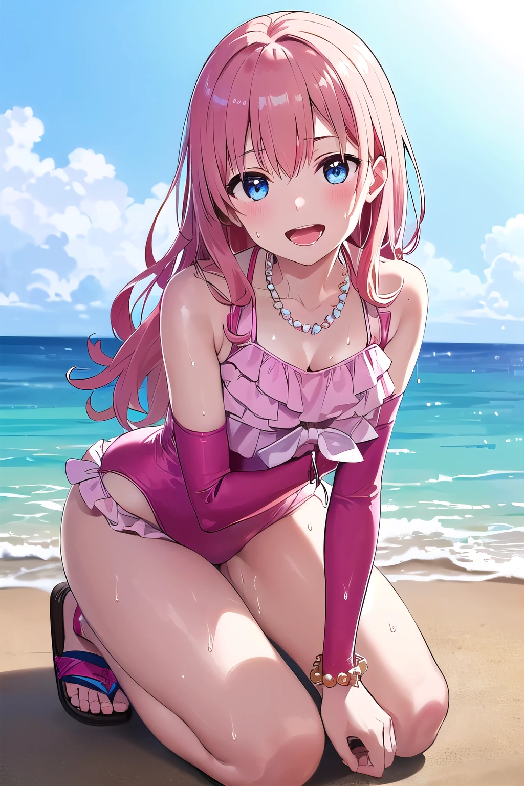 (8K, top-quality, masterpiece:1,2), (reallistic, Photorealsitic:1.37), Super Detail, One girl,), (Highly detailed), (beautifully detailed eyes), (of the highest quality), (super detailed ), (masterpiece), (Detailed face),20yr old, ,1 girl, ((pink hair,long hair)), medium breasts, clothed, Perfect Lighting, BREAK,
(light pink:1.2), (baby blue:1.2), (small floral patterns:1.2), (shiny fabric:1.1), (one-piece swimsuit:1.5), (long-sleeved rash guard:1.3), (light support bikini top with pads:1.4), (high-waisted bottoms:1.4), (loose-fitting:1.3), (large ribbon on chest:1.2), (small ribbons on hips:1.2), (frills on chest:1.2), (pearl details:1.1), (bead details:1.1), (pastel-colored beach sandals:1.2), (flower-shaped sandals:1.2), (shell necklace:1.1), (pearl bracelet:1.1), BRAKE, (upper body:1.2), (long wavy hair:1.2), (shoulder length hair:1.1), (smiling:1.3), (facing forward:1.2), (looking at viewer:1.5), (seiza:1.5), (sweat:1.5), (steam:1.2), (girl trembling with sexual climax:1.1), (body fluids juice:1.2), (open mouth:1.2), (touching swimsuit ties:1.1), (one leg forward:1.1), (stick out tongue:1.2), (bright facial lighting:1.3), (hair highlights:1.3), BRAKE