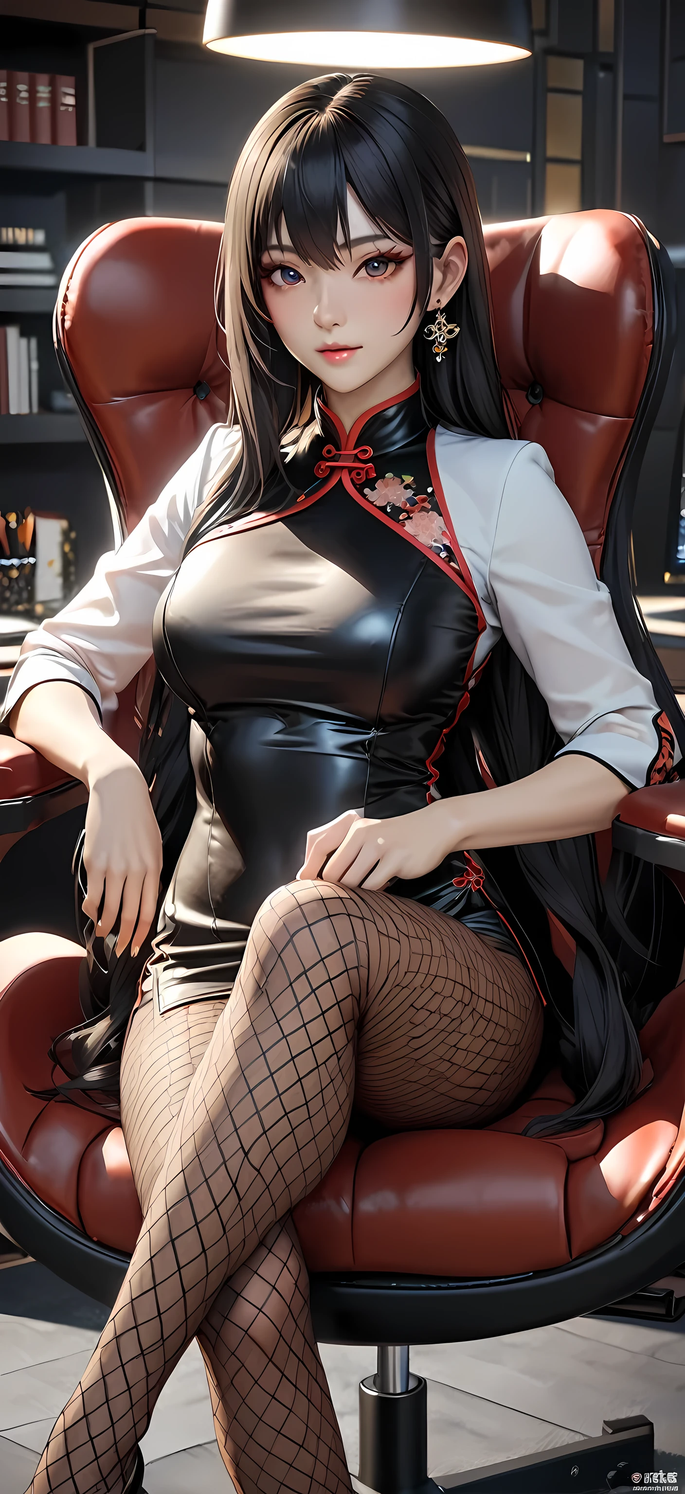 DEFTIFA, Classy upper-class elite secretary in sexy silk cheongsam and skiny leather short pants, Sitting in a chair and working in the office、Wearing a sexy silk cheongsam, (Wearing leather short pants)、(long layer hair)、crossed legs, Wear high-end high heels, Wearing a cheongsam, Wearing a fishnet pantyhose in a short pants, businesswoman, Raw photo, (8K、top-quality、masterpiece:1.2)、(intricate detailes:1.4)、(Photorealsitic:1.4)、octane renderings、Complex 3D rendering ultra detail, Studio Soft Light, Rim Lights, vibrant detail, super detailing, realistic skin textures, Detail Face, Beautiful detail eyes, Very detailed CG Unity 16k wallpaper, make - up, (detailedbackground:1.2), Exposed thighs!!!,