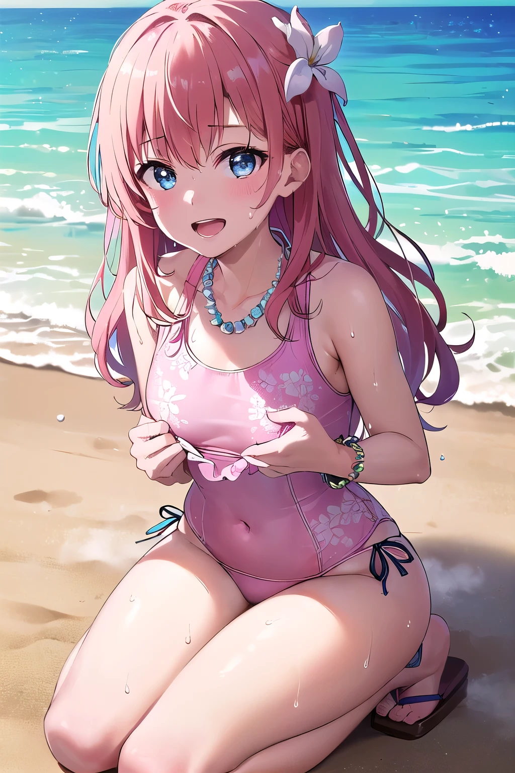 (8K, top-quality, masterpiece:1,2), (reallistic, Photorealsitic:1.37), Super Detail, One girl,), (Highly detailed), (beautifully detailed eyes), (of the highest quality), (super detailed ), (masterpiece), (Detailed face),20yr old, ,1 girl, ((pink hair,long hair)), medium breasts, clothed, Perfect Lighting, BREAK,
(light pink:1.2), (baby blue:1.2), (small floral patterns:1.2), (shiny fabric:1.1), (one-piece swimsuit:1.5), (long-sleeved rash guard:1.3), (light support bikini top with pads:1.4), (high-waisted bottoms:1.4), (loose-fitting:1.3), (large ribbon on chest:1.2), (small ribbons on hips:1.2), (frills on chest:1.2), (pearl details:1.1), (bead details:1.1), (pastel-colored beach sandals:1.2), (flower-shaped sandals:1.2), (shell necklace:1.1), (pearl bracelet:1.1), BRAKE, (upper body and knees:1.2), (long wavy hair:1.2), (shoulder length hair:1.1), (smiling:1.3), (facing forward:1.2), (looking up:1.1), (looking at viewer:1.5), (seiza:1.5), (sweat:1.5), (steam:1.2), (girl trembling with sexual climax:1.1), (body fluids juice:1.2), (open mouth:1.2), (touching swimsuit ties:1.1), (one leg forward:1.1), (stick out tongue:1.2), (bright facial lighting:1.3), (hair highlights:1.3), BRAKE