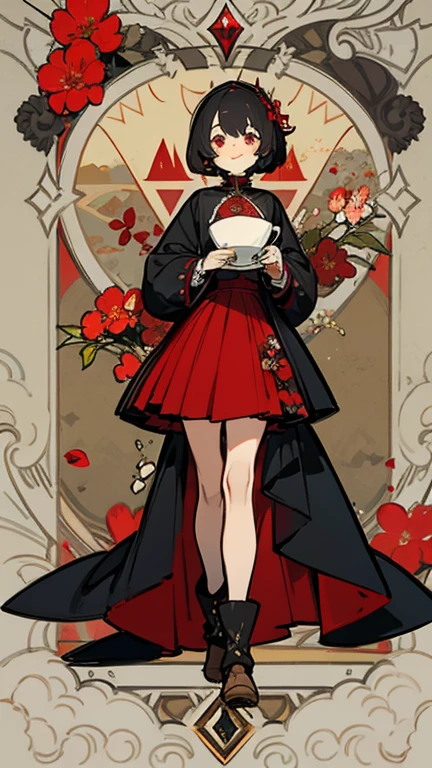Black hair, Red pupil, short hair, curls, hairpin, Black and red skirt, Victorian style, British background, No mouth,Quiet, Cat-like pupils, Floral decoration, Delicateeyes, full body picture, figure, Standing image,elder sister, Smile, fair, fantastic, mystery,Designer ankle boots,Small red flowers,Red gemstones,lady,Black Cat,vase,Handheld mirror。
