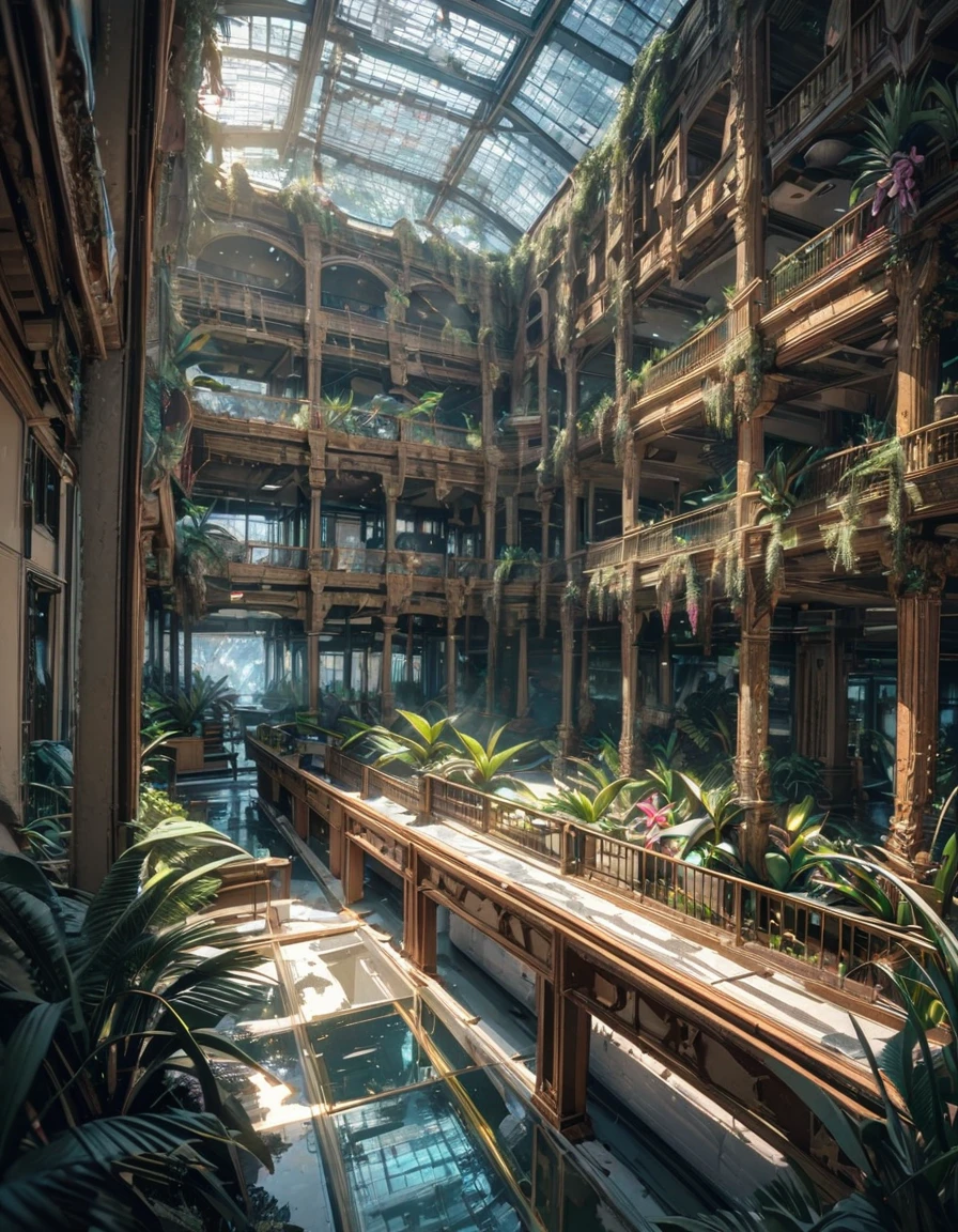 Huge fantasy abandoned mall, Flooded floors, Glass ceiling, Upper floor observation deck with balustrade, wood, ブドウのwood, orchid, Bromeliad, palm wood, Decorations, Golden, Many plants, Tropical plants, Marble wall, Dynamic Light, 8k, masterpiece, 超detailed, beautiful., BREAK,(highest quality、masterpiece、High resolution、detailed)、animeスタイル、Flat Style、anime、Anaglyph, Stereogram,