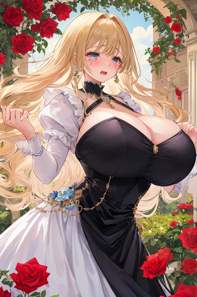 A woman with big ,Gorgeous woman,((Idol)),(Middle-aged woman),((30 years old)),Gorgeous Rococo dress,Long blond hair,Smooth underbust,Exquisite,rose Garden,cry,Tears,