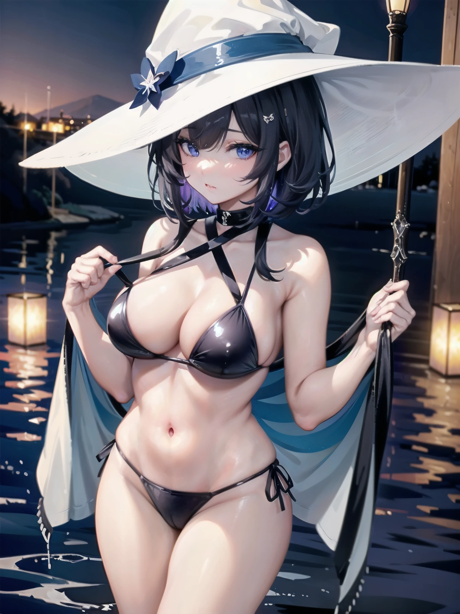 A girl stands in a hot spring with a view of the night view of Lake Suwa late at night、She has a short bob with a white lob of hair and wears a large black witch hat with sapphire jewelry.、A high school student wearing a navy blue ?????? with a white ribbon on her ?????.、She wears a large witch's hat with a small sapphire accessory、A few star creams、Beautiful starry sky、Beautiful night view、large witch's hat 、Navy blue ?????? pants that dig into your stomach、Small ???????、A cup ???????、紺色のFull cup ?????? topには白いフリルが付いています、Small ???????、Full cup ?????? top、Slightly bulging ???????、Not ???????????、