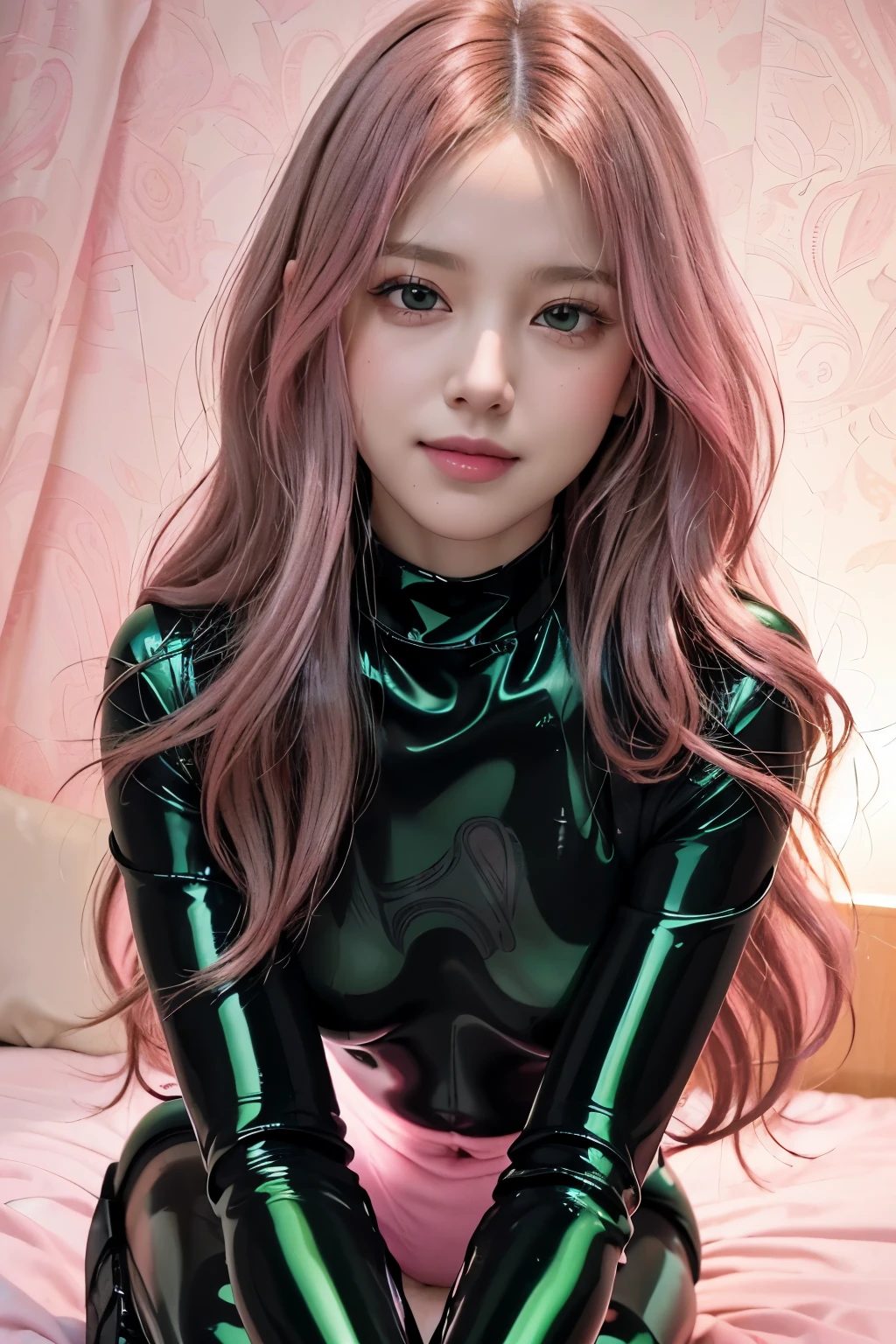 (8K, top-quality, masterpiece:1.2), (realistic, photorealistic:1.37), (super detailed), (one girl), (highly detailed), (beautifully detailed eyes), (of the highest quality), (masterpiece), (detailed face), (20yr old), (pink hair, long hair), (medium breasts), (clothed), (perfect lighting), BREAK, (upper body to knees:1.3), (wavy pink long hair:1.4), (smile:1.2), (bright oasis background:1.2),(heavy rain:1.2),. (even lighting:1.5), (wet:1.3), BREAK, (black and green glossy bodysuit:1.5), (pink Paisley patterns:1.4), (high-neck:1.3), (slim fit silhouette:1.5), (ankle boots:1.4), (platinum choker and ring set:1.2),