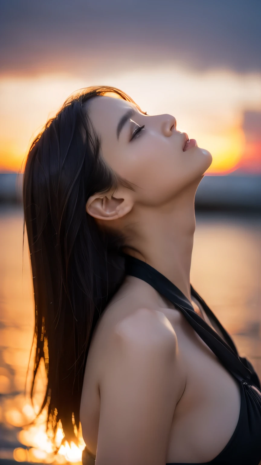 (one piece), (highest quality,masterpiece:1.3, Ultra-high resolution), (Very detailedな,Caustics),(Realistic:1.4,RAW shooting,)Ultra-Realistic Capture, Very detailed, High resolution 16K suitable for human skin, One Woman, Japanese, cute, Black-haired, Long Hair, (((Sunset sky background))), (((Sunset sea background))),  (((Looking up in profile))), (((I am praying for you))), West Shot