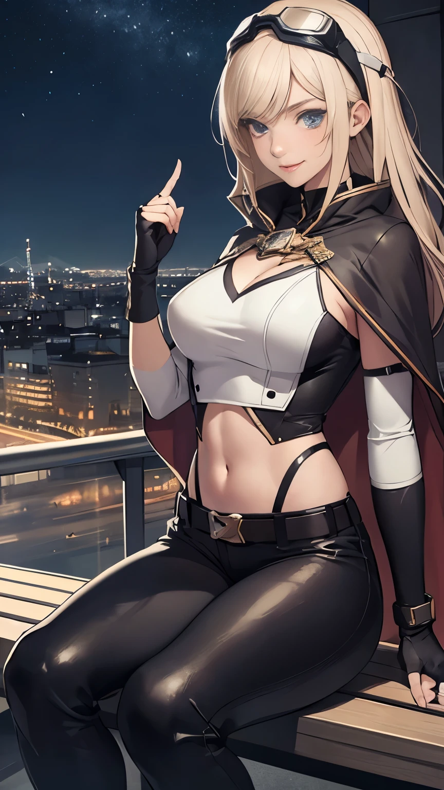 (Highly quality, masterpiece, detailed), science fiction city detailed scenario, night snowing city detailed background, 20 years old girl, solo, goggles, skin tight, belt, fingerless gloves, capelet,vblack and white leather pants, crop top, sleeve, smile, navel, perfect face, beautiful eyes, perfect eyes, sitting on bench, looking at the viewer, Sexy pose