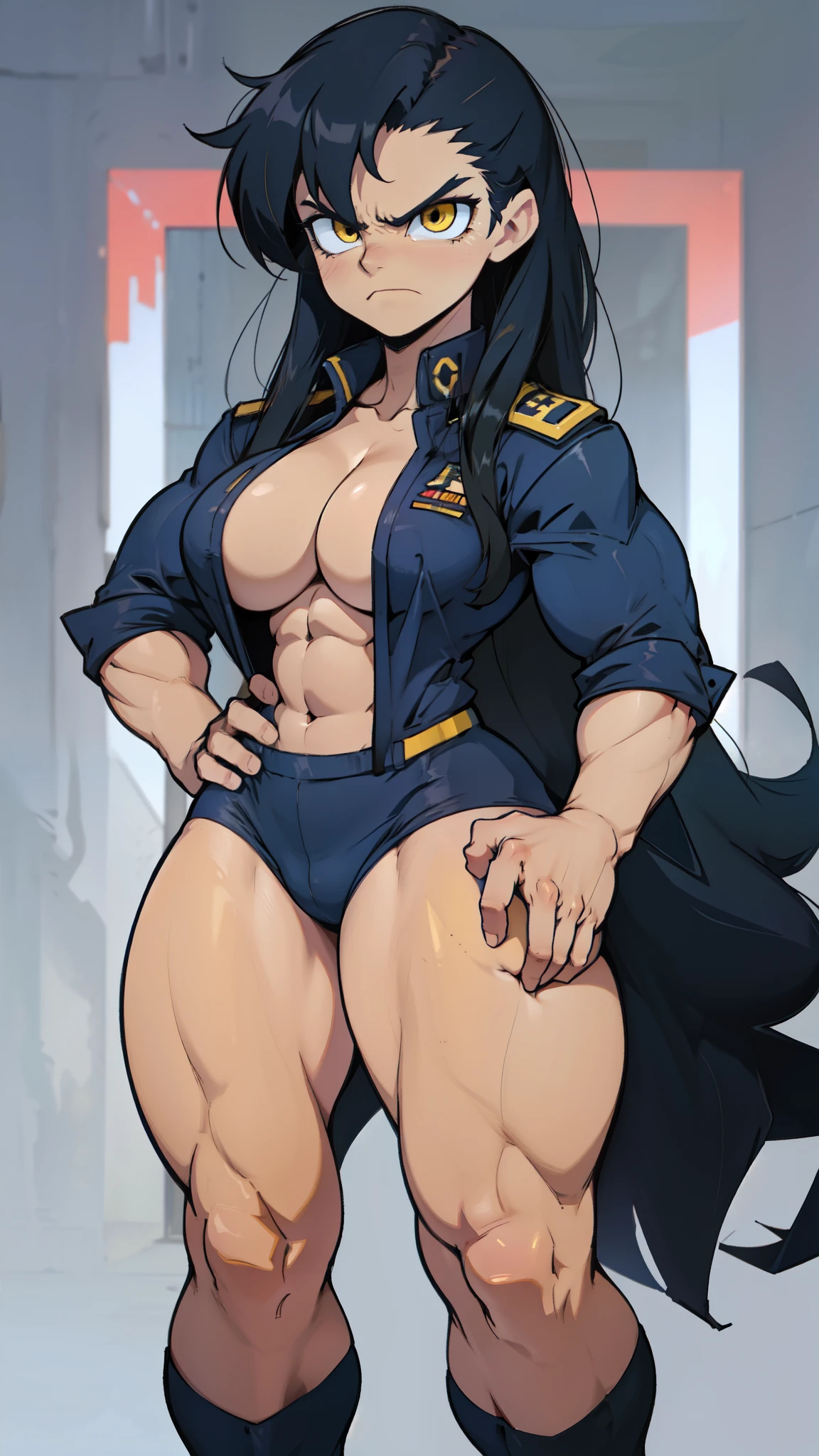 solo, 1 girl, (very long hair), black hair, angry, yellow eyes pale skin (wide hips thick thighs curvy muscular toned body bodybuilder huge tits) (navy uniform)