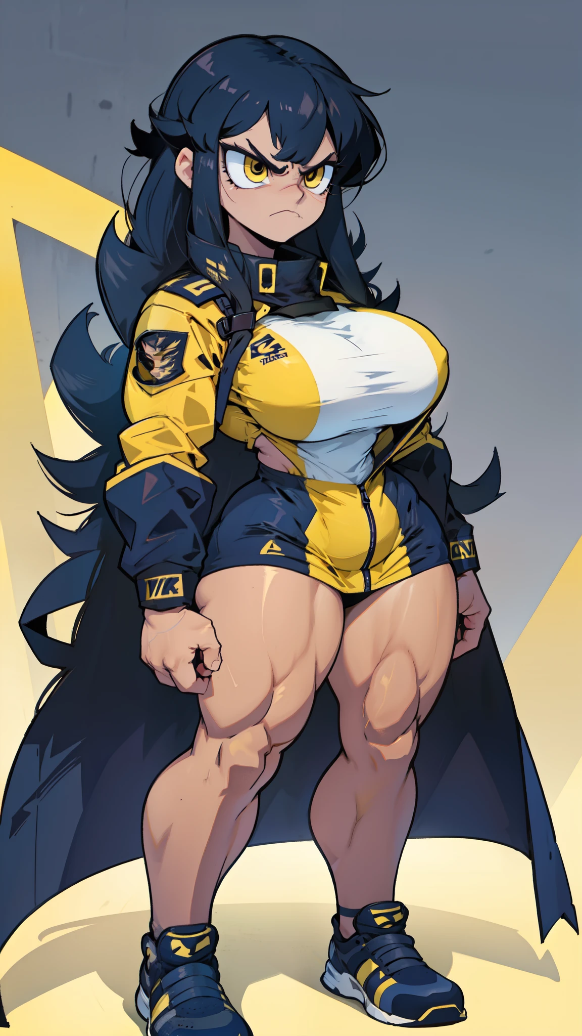 solo, 1 girl, (very long hair), black hair, angry, yellow eyes pale skin (wide hips thick thighs curvy muscular toned body bodybuilder huge tits) (navy uniform)