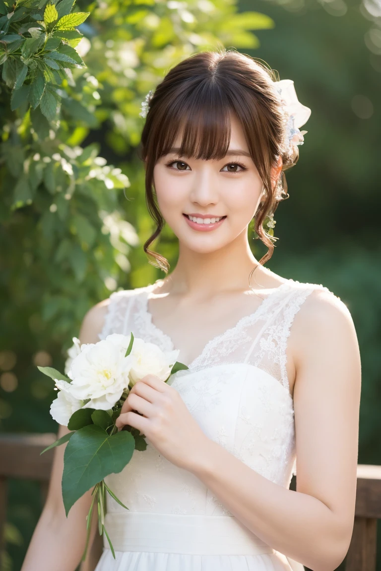 Medium View, Medium Shot, Written boundary depth, bust, Upper Body, Cinematic Angles, masterpiece, highest quality, Very detailed, cg, 8K Wallpaper, Beautiful Face, Delicate eyes, Otome, alone, smile, bangs, have,white colored dresses, bow, petal, bouquet