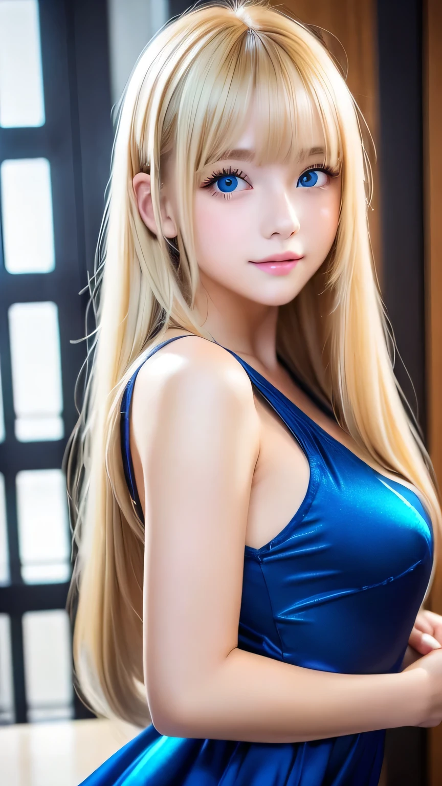 Sexy 17 year old with dazzling shiny blonde hair、The cutest little beautiful face in the world、Sparkling bangs dancing in front of her pretty face、Long, silky bangs that cover the eyes、Large, clear, bright blue eyes、Super long straight hair、Cute young woman with super long blonde shiny light hair