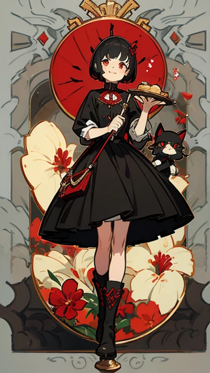 Black hair, Red pupil, short hair, curls, hairpin, Black skirt, Victorian style, British background, No mouth,Quiet, Cat-like pupils, Floral decoration, Delicateeyes, full body picture, figure, Standing image,elder sister, Smile, fair, fantastic, mystery,Designer ankle boots,Red flowers,Red gemstones,lady,Black Cat,vase,Handheld mirror,biscuit。
