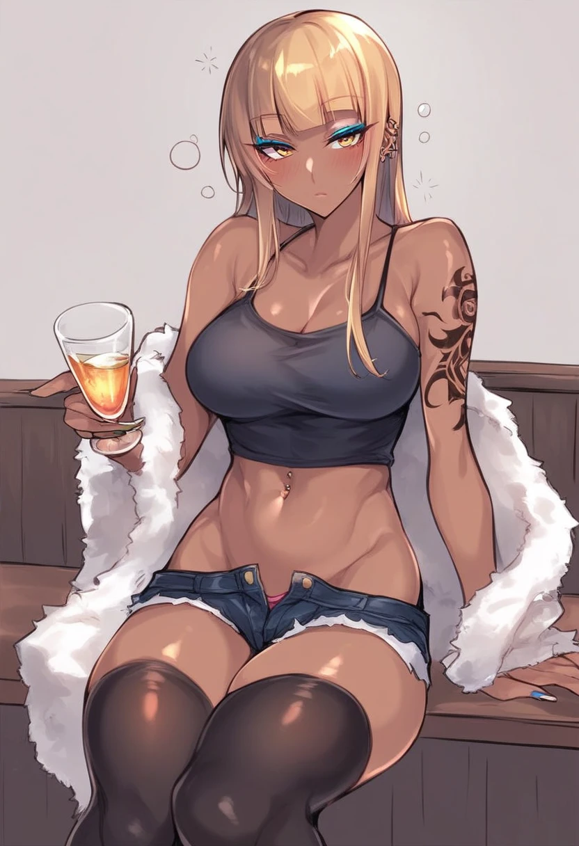 score_9, score_8_up, score_7_up, uncensored, source_anime, 1girl, solo, BREAK nishizumi_shiho, gyaru, very dark skin, dark-skinned female, makeup, eyeshadow, long eyelashes, piercings, tattoos, colored skin, jet-black skin, shiny skin, metalic tan, expressionless, BREAK, detailed eyes, solo, camisole, crop top, thighhighs, fur shawl, short shorts, blush, sitting, in bar, night time, drunk, glass