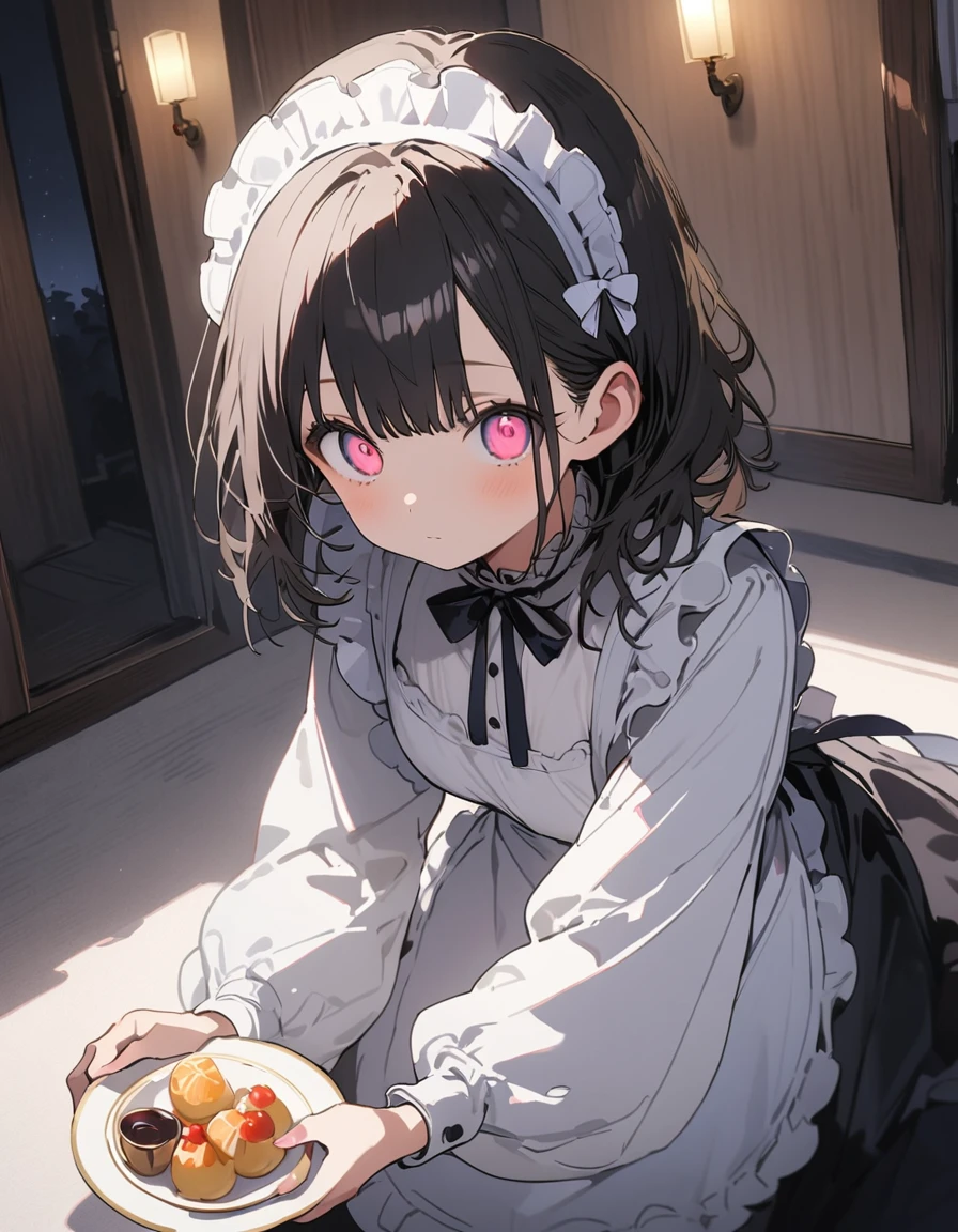Long black hair , Wearing a maid outfit, Kneel, Preparing for afternoon tea, Cute 2D, background backlightHD 、(highest quality、masterpiece、High resolution、detailed)、animeスタイル、Flat Style、(Shining Eyes、detailed美しい顔), BREAK,1 girl、extremely detailed、(The Shining), Best lighting, Best Shadow、High saturation,Dynamic Angle、anime