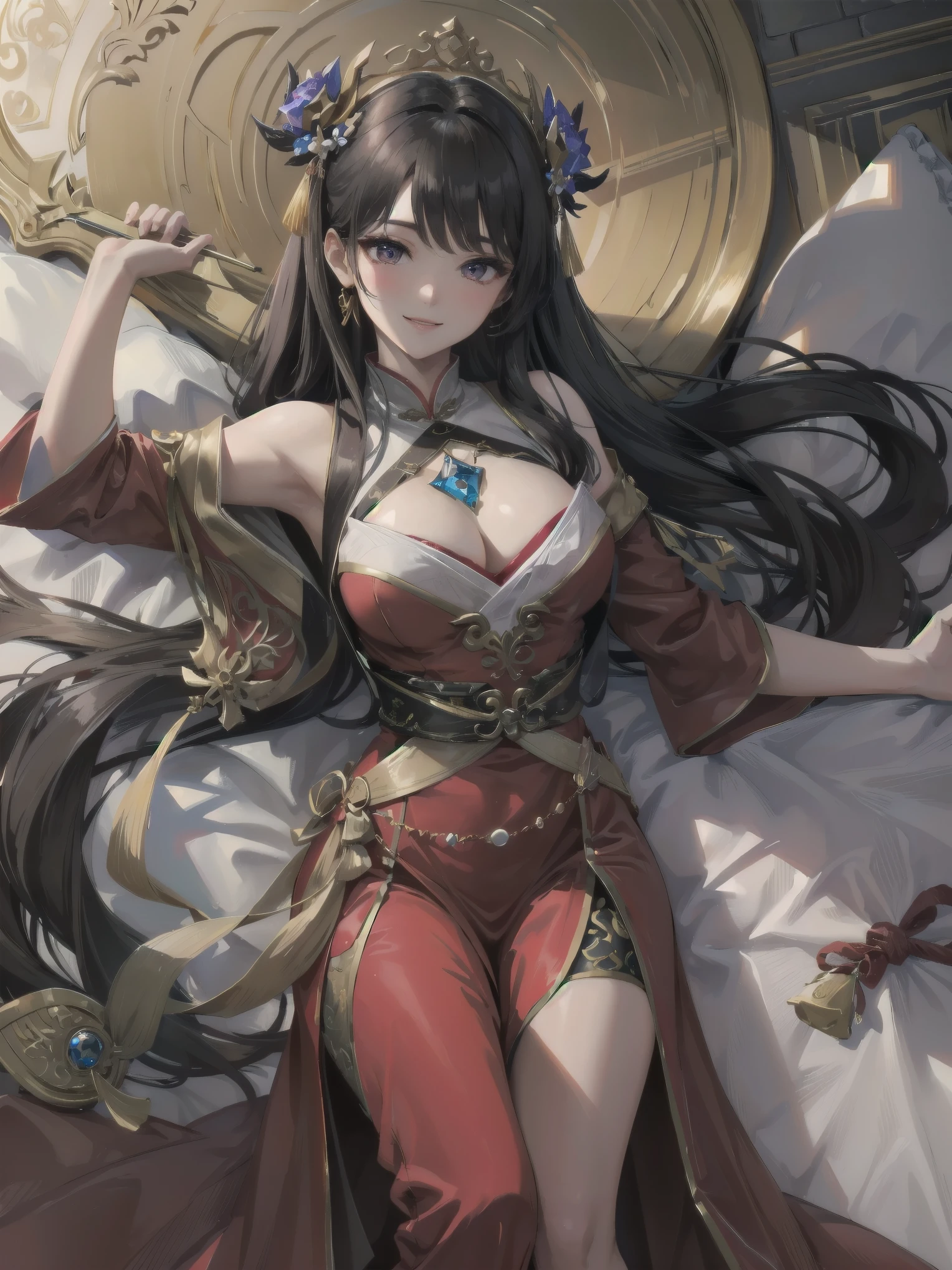 Masterpiece, Top Quality, One Girl, Solo, Arafi girl in red dress, Korean pole arm adorned on back, Unreal Engine render + Goddess incarnate, Korean MMO, Inspired by Lam Qua, Bewitching look 16K, Female character, Smiling girl character,. Warrior costume, Inspired by Li Mei-shu, 16K detail fantasy, 16K character detail