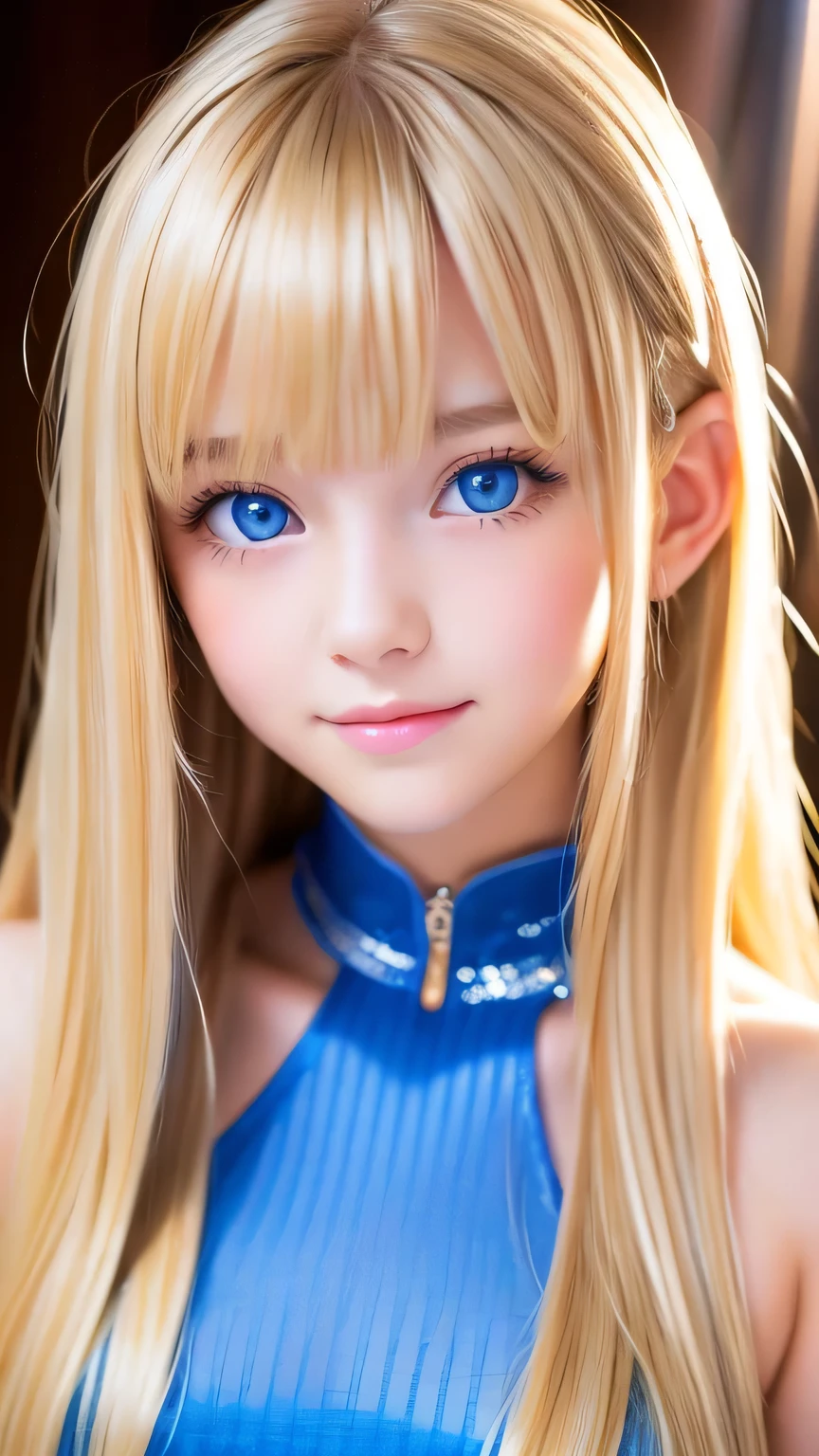 Sexy 17 year old with dazzling shiny blonde hair、The cutest little beautiful face in the world、Sparkling bangs dancing in front of her pretty face、Long, silky bangs that cover the eyes、Large, clear, bright blue eyes、Super long straight hair、Cute young woman with super long blonde shiny light hair
