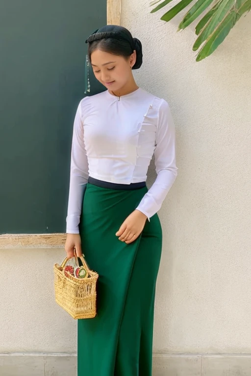 A school teacher is 40years old.Tall, thin, big hips, big breasts, blonde hair, small lips, blue eyes, attractive, 64K.Top=white Burmese blouse,With long sleeves,Buttoned at the side.Bottom=(Dark green) long skirt.
Footwear=female Burmese sandals,The hair is knotted bun.European.Nun Headpiece.