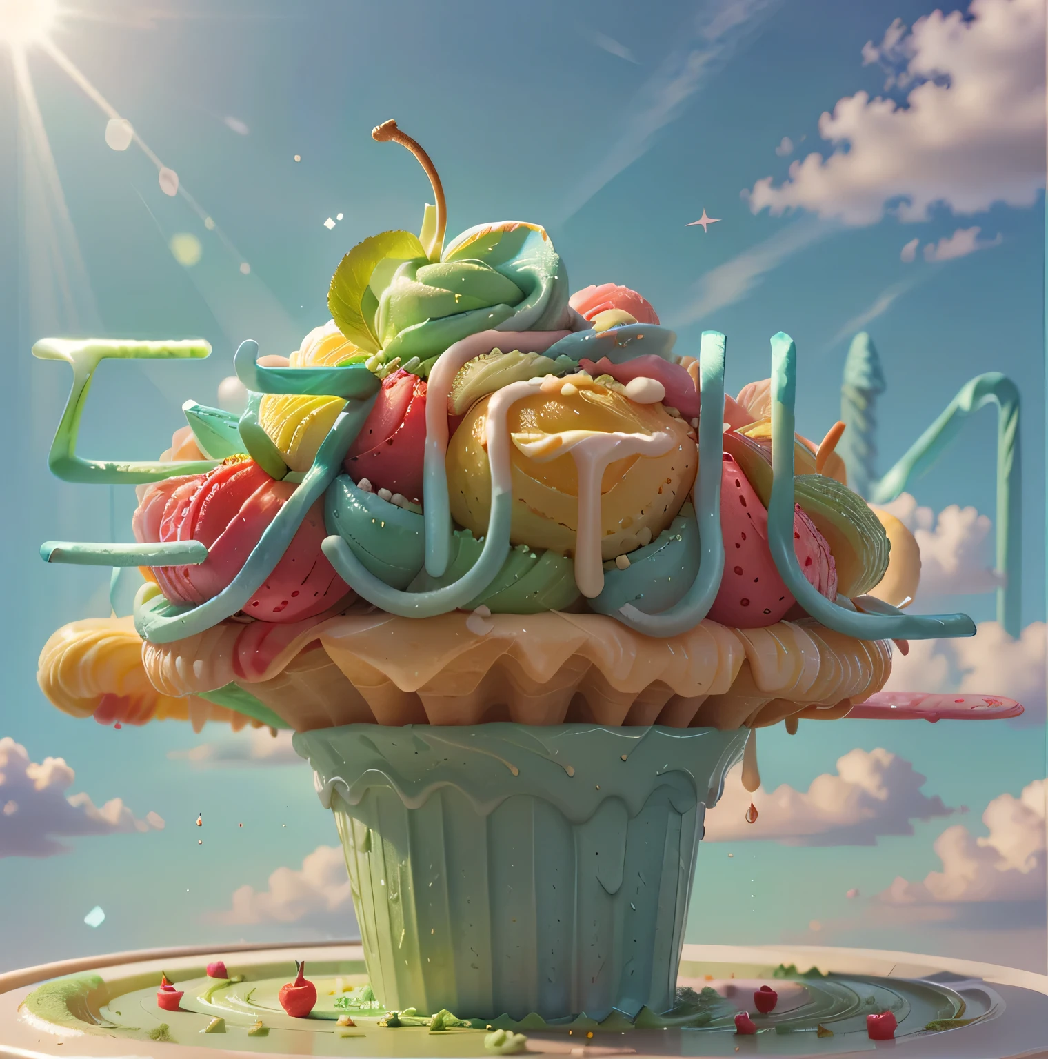 Blue sky and white clouds,Sunlight,Sunlight,Matcha Ice Cream Cone,Drizzle with dark chocolate sauce,Soft,delicious, panoramic,Vibrant green background,lifelike、detailed picture,Ultra-clear,best quality,food wallpaper,cherry,strawberry,Lemon slices,sliced banana