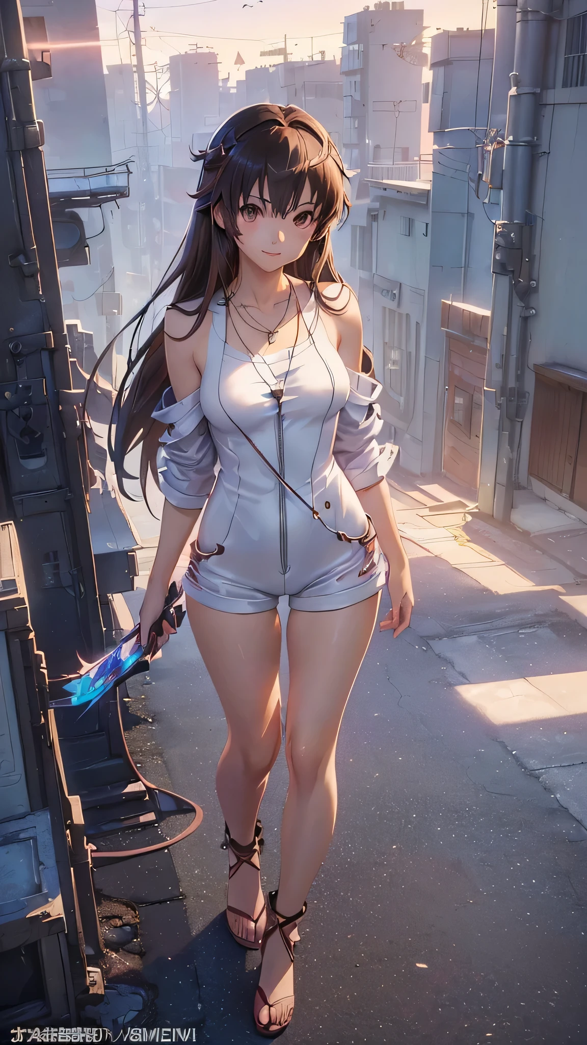 ((Final Fantasy (Yuna), young girl, 16 years old, full body, naked body, dark hair, light skin, scarlet lips, smile; black, expressive playful eyes, long eyelashes)). ((Anime girl with brown hair hair and white short fire dress with necklace, beautiful character painting, very short drees style fire cowboy skirt, very thin and light clothing almost transparent like air, soft anime computer graphics, realistic anime art, beautiful anime woman, Cyberpunk, futurism, tight jumpsuit, anime girl rendering, very sexy, 75 % nsfw, 60% nude, open legs))