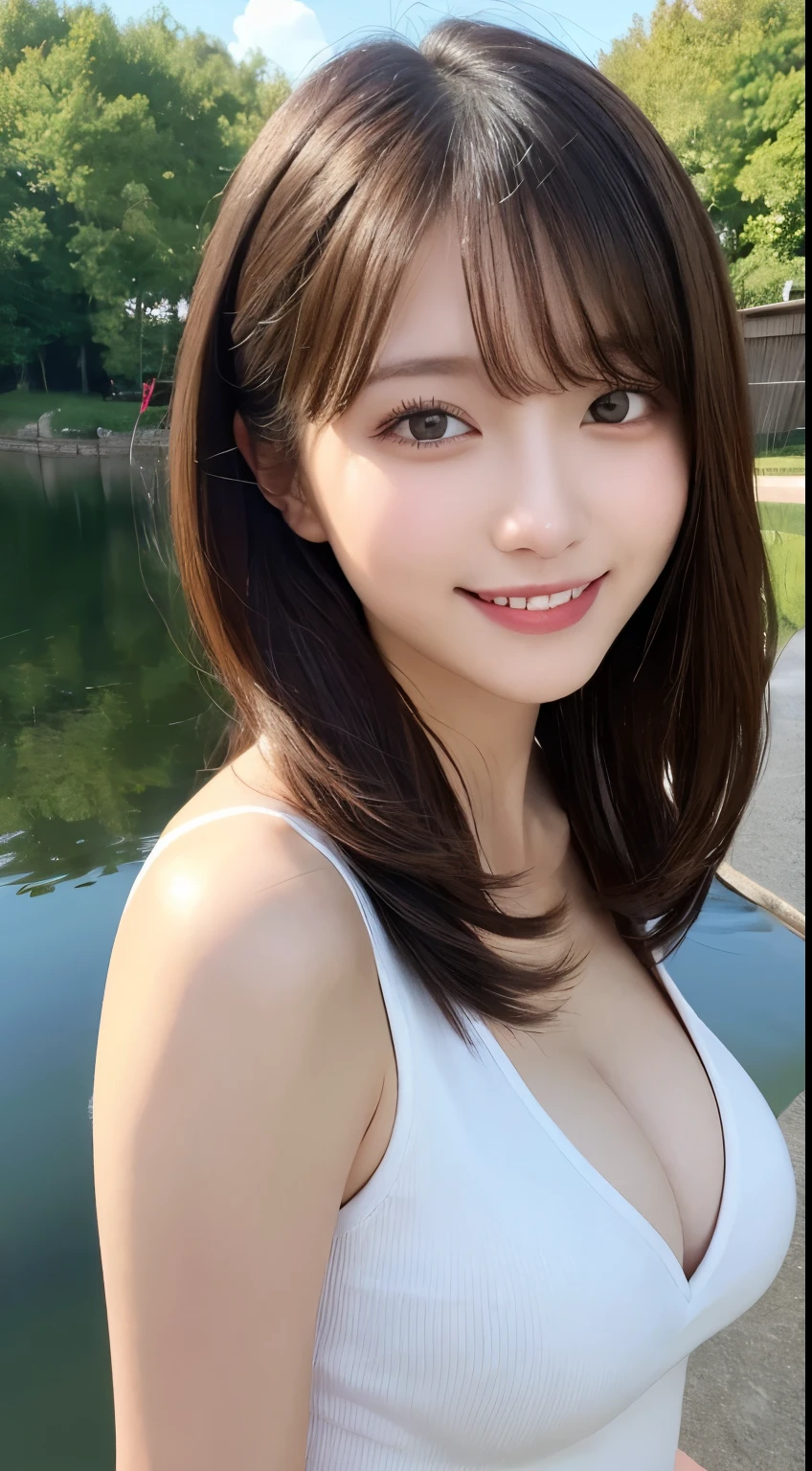 masutepiece, Best Quality, Illustration, Ultra-detailed, finely detail, hight resolution, 8K Wallpaper, Perfect dynamic composition, Beautiful detailed eyes, doress,Medium Hair, Big breasts, Natural Color Lip, Random and sexy poses,Smile,20 years girl, Cleavage.by the pond