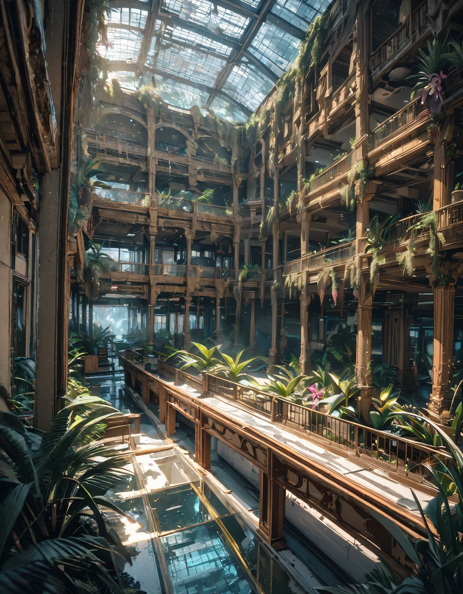 Huge fantasy abandoned mall, Flooded floors, Glass ceiling, Upper floor observation deck with balustrade, wood, ブドウのwood, orchid, Bromeliad, palm wood, Decorations, Golden, Many plants, Tropical plants, Marble wall, Dynamic Light, 8k, masterpiece, 超detailed, beautiful., BREAK,(highest quality、masterpiece、High resolution、detailed)、animeスタイル、Flat Style、anime、Anaglyph, Stereogram,