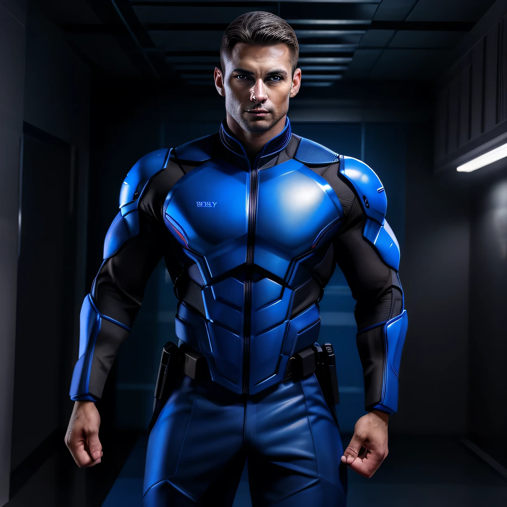 A Man, muscular, brown hair, blue eyes, SWAT Member, wearing a futuristic but sexy Uniform, strong face, strong expression, in a grey empty room, red neon light, soft shadows, Realistic, Highly detailed, masculine, Highly realistic, photorealistic artwork, 4K resolution. super details, masterpeace, (Full Body Portrait: 1.3), 