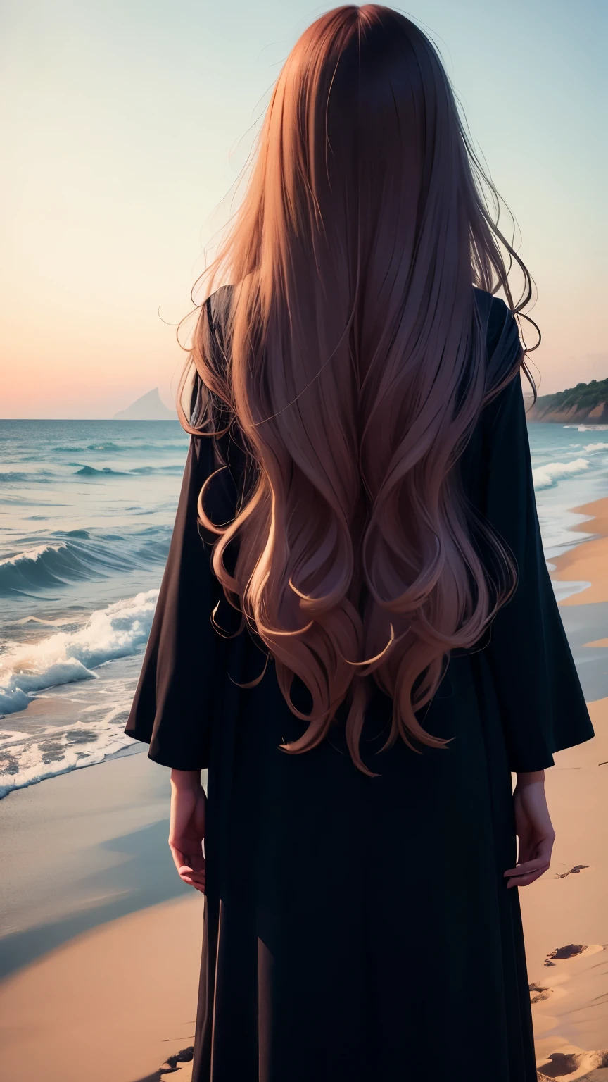 Very far, whole body, Down, From behind, highest quality, Frizzy Hair, Panorama, Beach, One Girl, Age 25, silhouette,