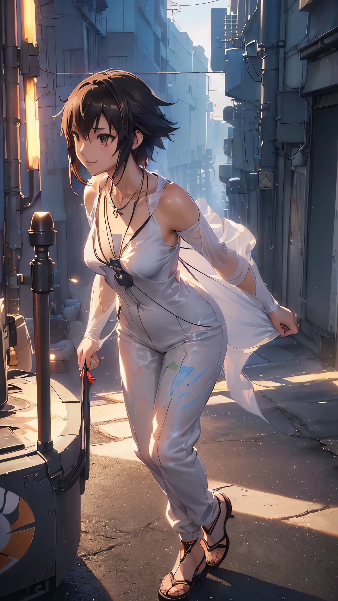 ((Final Fantasy (Yuna), (young girl, 16 years old, full body, naked body, dark hair, light skin, scarlet lips, smile; black, expressive playful eyes, long eyelashes)). ((Anime girl with brown hair hair and white dress with necklace, beautiful character painting, soft anime computer graphics, realistic anime art, beautiful anime woman, Cyberpunk, futurism, tight jumpsuit, anime girl rendering, Makoto Shinkai and Artgerm, realistic 3D anime style, anime realism style, digital art in anime style, beautiful anime girl)), (style, very beautiful young girl)). ((High quality, masterpiece)).very sexy, 75 % nsfw, 60% nude