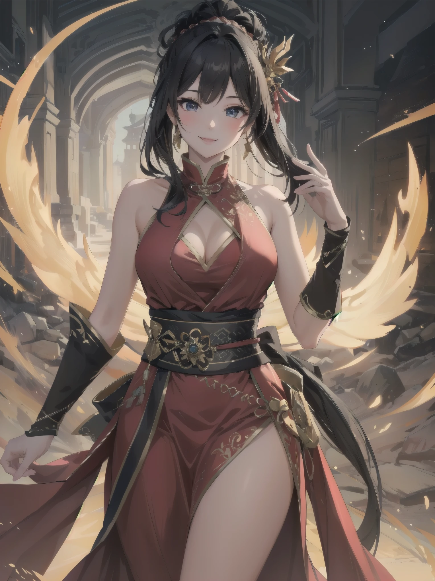Masterpiece, Top Quality, One Girl, Solo, Arafi girl in red dress, Korean pole arm adorned on back, Unreal Engine render + Goddess incarnate, Korean MMO, Inspired by Lam Qua, Bewitching look 16K, Female character, Smiling girl character,. Warrior costume, Inspired by Li Mei-shu, 16K detail fantasy, 16K character detail