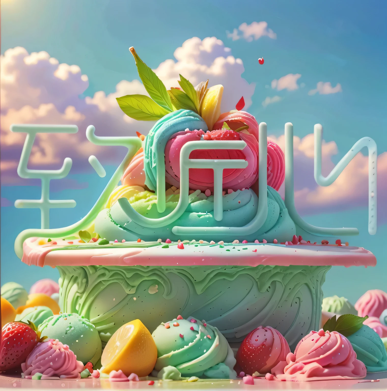 Blue sky and white clouds,Sunlight,Sunlight,Matcha Ice Cream Cone,Drizzle with dark chocolate sauce,Soft,delicious, panoramic,Vibrant green background,lifelike、detailed picture,Ultra-clear,best quality,food wallpaper,cherry,strawberry,Lemon slices,sliced banana