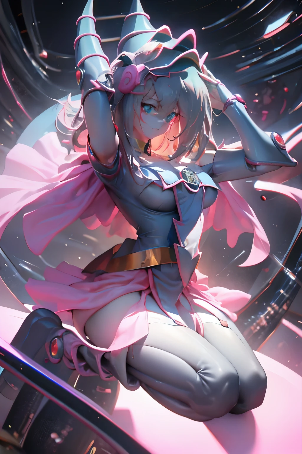 Hatsune Miku disfrazada de dark magician gils. Pose sensual y seductora. Fondo de magia 