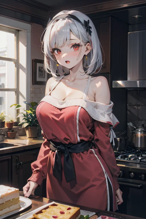 masterpiece, 1girl, Amazing Cleavage:1.3, thin waist, big ass, Raised sexy, medium breast:1.3,posed cleavage:1.2,solo, looking at viewer, open mouth, have a cup of coffee,black hair, red eyes, dress, bare shoulders, jewelry, collarbone, sidelocks, hairband, earrings, indoors, off shoulder, :o, sweater, arms behind back, plant, short hair with long locks, white hairband, off-shoulder dress, sweater dress, off-shoulder sweater, red sweater, big side hair, very long side hair,is rendered in (masterpiece: 1.2, best quality), with (ultra high resolution) and an exquisite (depth of field). This masterpiece is not only visually stunning but also tells, make of cooking some cakes ,in the kitchen