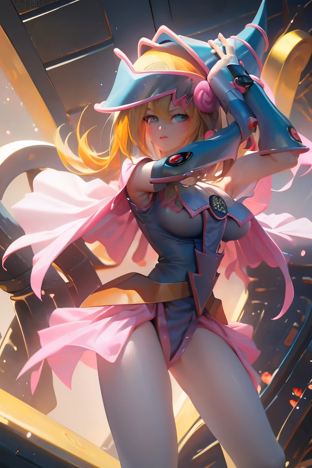 Hatsune Miku disfrazada de dark magician gils. Pose sensual y seductora. Fondo de magia