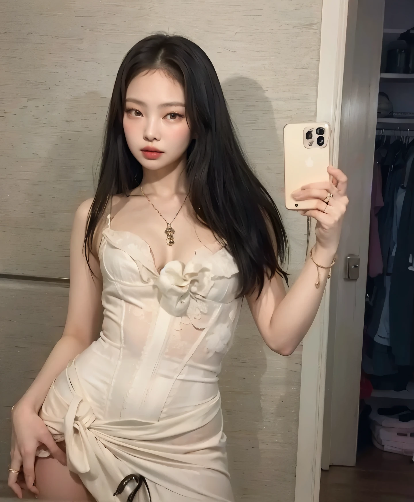 JENNIE do blackpink em um vestido branco tirando uma selfie em um espelho, sexy look at the camera, vestido sexy, usando lingerie sexy, 2 Modelo feminina de 4 anos, 18 anos, Lacey, 1 8 I, cativante e atraente, olhar sexy, pale porcelain white skin, 2 2 anos, foto de magra, 21 anos, jennie blackpink, jossi blackpink jennie face