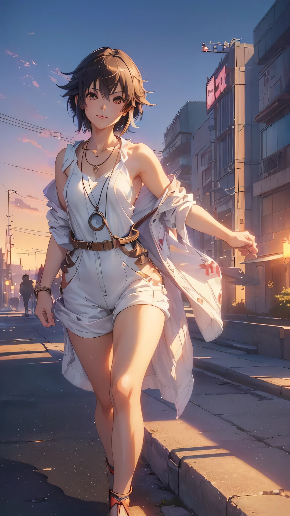((Final Fantasy (Yuna), (young girl, 16 years old, full body, naked body, dark hair, light skin, scarlet lips, smile; black, expressive playful eyes, long eyelashes)). ((Anime girl with brown hair hair and white dress with necklace, beautiful character painting, soft anime computer graphics, realistic anime art, beautiful anime woman, Cyberpunk, futurism, tight jumpsuit, anime girl rendering, Makoto Shinkai and Artgerm, realistic 3D anime style, anime realism style, digital art in anime style, beautiful anime girl)), (style, very beautiful young girl)). ((High quality, masterpiece)).very sexy, 75 % nsfw, 60% nude