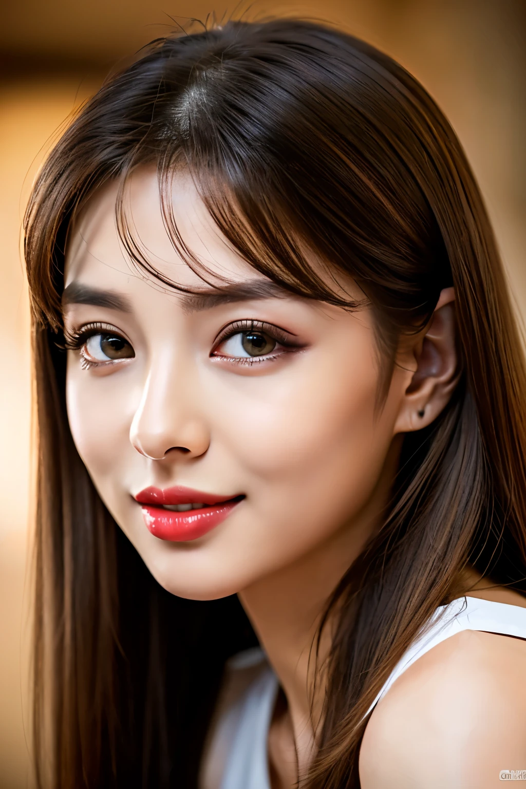 (highest quality、table top、8k、best image quality、Award-winning work)、(one young girl, :1.3)、no sleeve, (red eyeshadow:1.2)、perfect makeup、long eyelashes、Super high-definition sparkling eyes、ultra high definition hair、ultra high resolution glossy lips、Super high resolution perfect teeth、Super high resolution cute face、brown hair、(very short straight hair:1.1)、look at me and smile、[clavicle]、accurate anatomy、(close up of face:1.5)、Luxury love hotel、(The most moody warm lighting:1.2)、blurred background、With bangs、Super high-resolution glossy and moisturized face、Super high resolutio n glowing skin、most detailed face、Ultra high resolution detailed faces、ultra high resolution hair、Fashion model 25 years old [[[[close-up]]], [[[[chest]]]], [[[[neck]]], [shoulders]]]]], Perfect eyes, Perfect iris, Perfect lips, Perfect teeth, Perfect skin, Soft front light, Glow, HDR, (Soft color: 1.2), Best quality, masterpiece, ultra high res, (photorealistic:1.37), raw photo, 1girl, long hair, beautifull eyes, beautifull face, detailed eyes and face, t-shirt, dynamic lighting, in the dark, table top, highest quality, realistic, Super detailed, finely, High resolution, 8k wallpaper, 1 beautiful woman, light brown messy hair, He is wearing an open-necked shirt., sharp focus, perfect dynamic composition, beautiful and detailed eyes, thin hair, Detailed realistic skin texture, smile, close-up portrait, model body shape, mile, close-up portrait, model body shape, body shape,cleavage, tropical beach, thin and long legs Translated with DeepL.com (free version)Top Quality, Masterpiece, (Realistic:1.2), 1 girl, detailed face, beautiful eyes, (Masterpiece:1.2, Top Quality), (fine beautiful eyes: 1. 2), (highly detailed Cg Unity 8K wallpaper, Masterpiece, Top Quality, super detailed, best shaSuper high resolution sparkling eyes、Beautiful face drawn in every detail、Super high resolution glossy red lips、big breasts、cleavage、Fashionable necklaces、camisole, ((masterpiece)), (ultra detailed