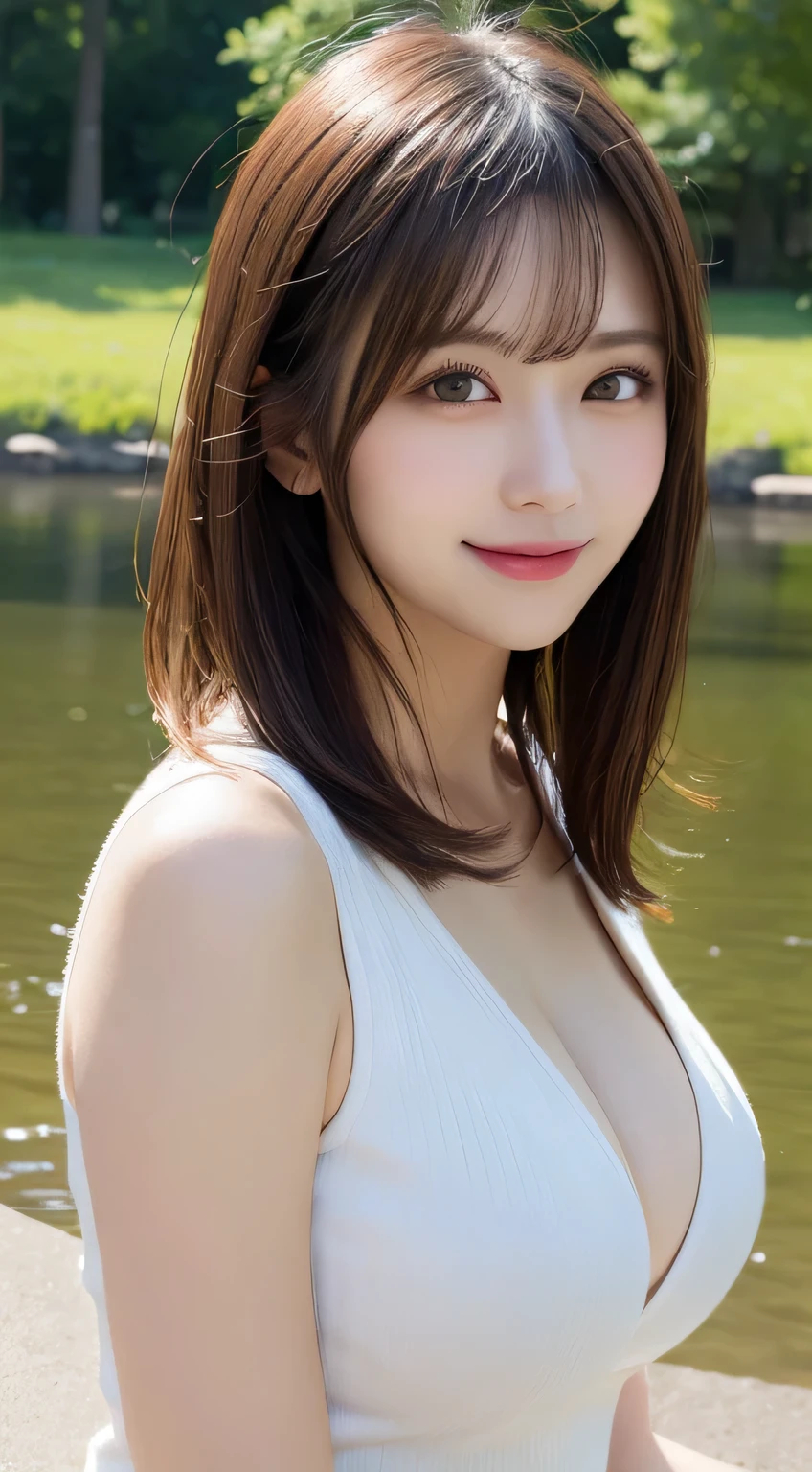 masutepiece, Best Quality, Illustration, Ultra-detailed, finely detail, hight resolution, 8K Wallpaper, Perfect dynamic composition, Beautiful detailed eyes, doress,Medium Hair, Big breasts, Natural Color Lip, Random and sexy poses,Smile,20 years girl, Cleavage.by the pond