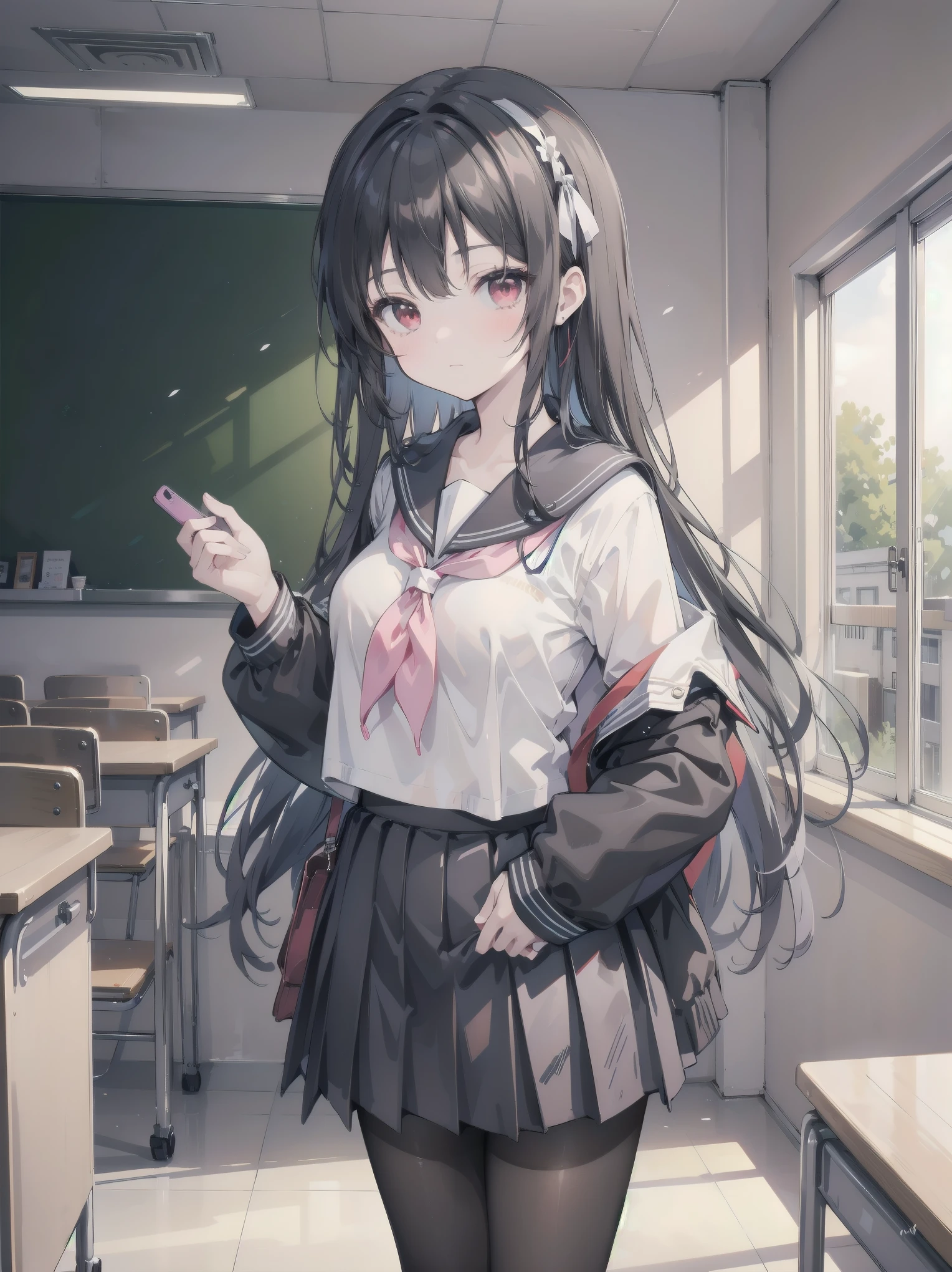 an anime girl standing in an empty room with a phone to her ear, 1girl, solo, , pantyhose, skirt, indoors, hairband, long hair, kasumigaoka utaha, looking at viewer, black hair, red eyes, breasts, blush, pleated skirt, black pantyhose, classroom, white hairband, long sleeves, bangs, neckerchief, closed mouth, desk, sailor collar, serafuku
