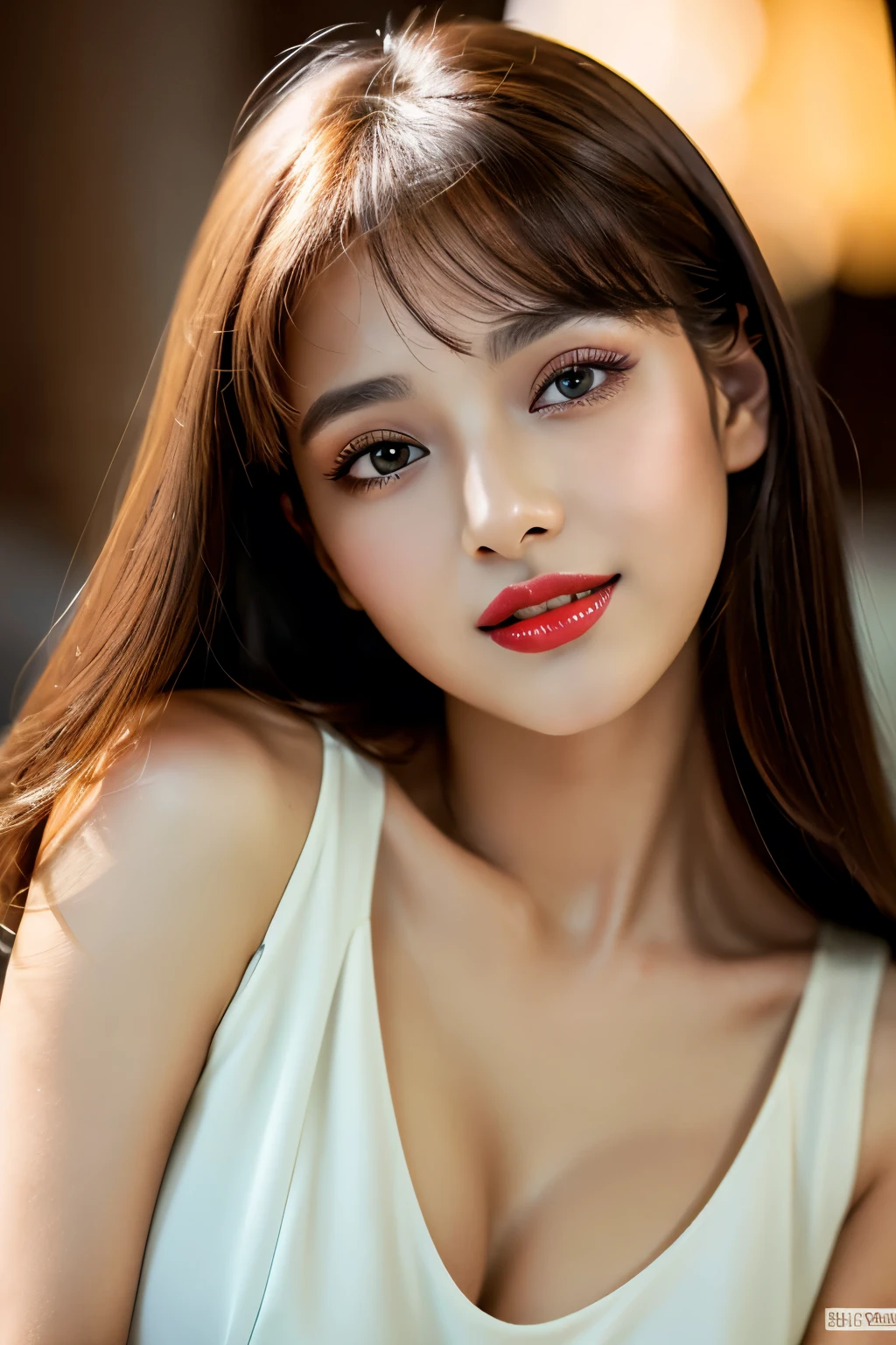 (highest quality、table top、8k、best image quality、Award-winning work)、(one young girl, :1.3)、no sleeve, (red eyeshadow:1.2)、perfect makeup、long eyelashes、Super high-definition sparkling eyes、ultra high definition hair、ultra high resolution glossy lips、Super high resolution perfect teeth、Super high resolution cute face、brown hair、(very short straight hair:1.1)、look at me and smile、[clavicle]、accurate anatomy、(close up of face:1.5)、Luxury love hotel、(The most moody warm lighting:1.2)、blurred background、With bangs、Super high-resolution glossy and moisturized face、Super high resolutio n glowing skin、most detailed face、Ultra high resolution detailed faces、ultra high resolution hair、Fashion model 25 years old [[[[close-up]]], [[[[chest]]]], [[[[neck]]], [shoulders]]]]], Perfect eyes, Perfect iris, Perfect lips, Perfect teeth, Perfect skin, Soft front light, Glow, HDR, (Soft color: 1.2), Best quality, masterpiece, ultra high res, (photorealistic:1.37), raw photo, 1girl, long hair, beautifull eyes, beautifull face, detailed eyes and face, t-shirt, dynamic lighting, in the dark, table top, highest quality, realistic, Super detailed, finely, High resolution, 8k wallpaper, 1 beautiful woman, light brown messy hair, He is wearing an open-necked shirt., sharp focus, perfect dynamic composition, beautiful and detailed eyes, thin hair, Detailed realistic skin texture, smile, close-up portrait, model body shape, mile, close-up portrait, model body shape, body shape,cleavage, tropical beach, thin and long legs Translated with DeepL.com (free version)Top Quality, Masterpiece, (Realistic:1.2), 1 girl, detailed face, beautiful eyes, (Masterpiece:1.2, Top Quality), (fine beautiful eyes: 1. 2), (highly detailed Cg Unity 8K wallpaper, Masterpiece, Top Quality, super detailed, best shaSuper high resolution sparkling eyes、Beautiful face drawn in every detail、Super high resolution glossy red lips、big breasts、cleavage、Fashionable necklaces、camisole, ((masterpiece)), (ultra detailed
