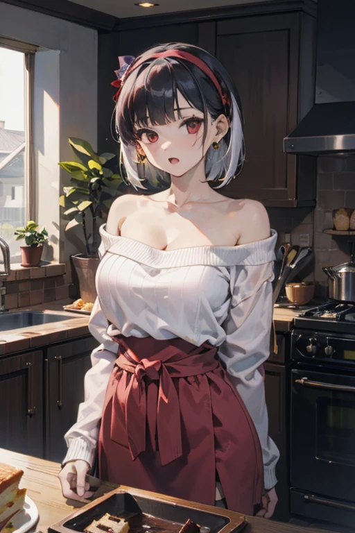 masterpiece, 1girl, Amazing Cleavage:1.3, thin waist, big ass, Raised sexy, medium breast:1.3,posed cleavage:1.2,solo, looking at viewer, open mouth, have a cup of coffee,black hair, red eyes, dress, bare shoulders, jewelry, collarbone, sidelocks, hairband, earrings, indoors, off shoulder, :o, sweater, arms behind back, plant, short hair with long locks, white hairband, off-shoulder dress, sweater dress, off-shoulder sweater, red sweater, big side hair, very long side hair,is rendered in (masterpiece: 1.2, best quality), with (ultra high resolution) and an exquisite (depth of field). This masterpiece is not only visually stunning but also tells, make of cooking some cakes ,in the kitchen