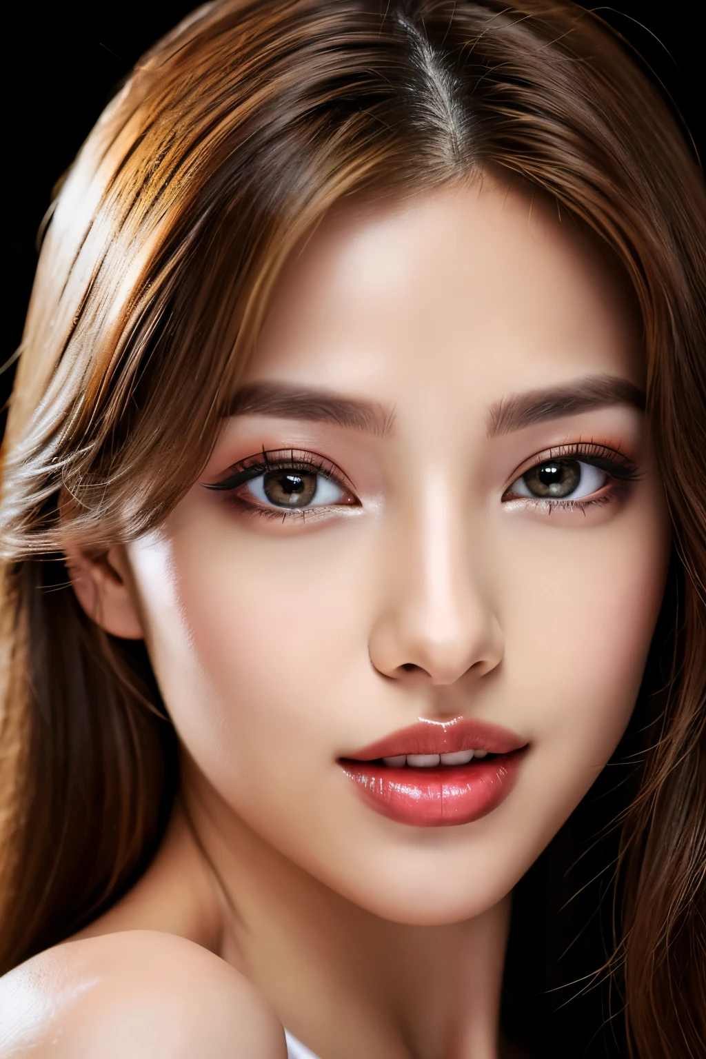 (highest quality、table top、8k、best image quality、Award-winning work)、(one young girl, :1.3)、no sleeve, (red eyeshadow:1.2)、perfect makeup、long eyelashes、Super high-definition sparkling eyes、ultra high definition hair、ultra high resolution glossy lips、Super high resolution perfect teeth、Super high resolution cute face、brown hair、(very short straight hair:1.1)、look at me and smile、[clavicle]、accurate anatomy、(close up of face:1.5)、Luxury love hotel、(The most moody warm lighting:1.2)、blurred background、With bangs、Super high-resolution glossy and moisturized face、Super high resolutio n glowing skin、most detailed face、Ultra high resolution detailed faces、ultra high resolution hair、Fashion model 25 years old [[[[close-up]]], [[[[chest]]]], [[[[neck]]], [shoulders]]]]], Perfect eyes, Perfect iris, Perfect lips, Perfect teeth, Perfect skin, Soft front light, Glow, HDR, (Soft color: 1.2), Best quality, masterpiece, ultra high res, (photorealistic:1.37), raw photo, 1girl, long hair, beautifull eyes, beautifull face, detailed eyes and face, t-shirt, dynamic lighting, in the dark, table top, highest quality, realistic, Super detailed, finely, High resolution, 8k wallpaper, 1 beautiful woman, light brown messy hair, He is wearing an open-necked shirt., sharp focus, perfect dynamic composition, beautiful and detailed eyes, thin hair, Detailed realistic skin texture, smile, close-up portrait, model body shape, mile, close-up portrait, model body shape, body shape,cleavage, tropical beach, thin and long legs Translated with DeepL.com (free version)Top Quality, Masterpiece, (Realistic:1.2), 1 girl, detailed face, beautiful eyes, (Masterpiece:1.2, Top Quality), (fine beautiful eyes: 1. 2), (highly detailed Cg Unity 8K wallpaper, Masterpiece, Top Quality, super detailed, best shaSuper high resolution sparkling eyes、Beautiful face drawn in every detail、Super high resolution glossy red lips、big breasts、cleavage、Fashionable necklaces、camisole, ((masterpiece)), (ultra detailed