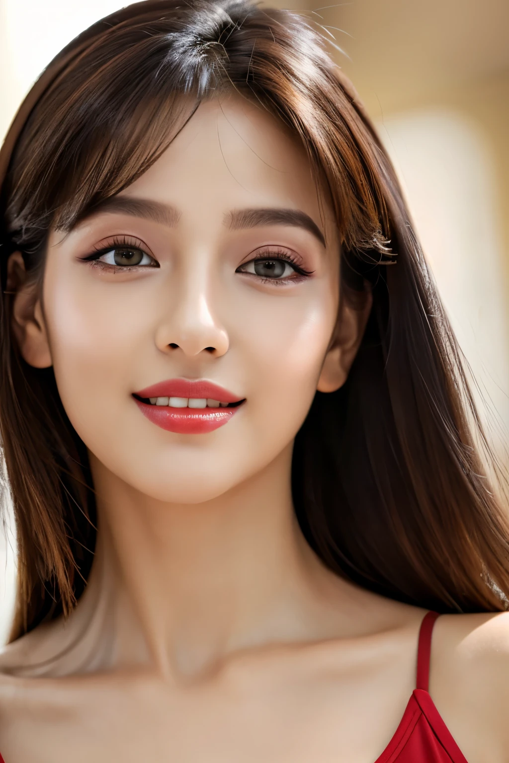 (highest quality、table top、8k、best image quality、Award-winning work)、(one young girl, :1.3)、no sleeve, (red eyeshadow:1.2)、perfect makeup、long eyelashes、Super high-definition sparkling eyes、ultra high definition hair、ultra high resolution glossy lips、Super high resolution perfect teeth、Super high resolution cute face、brown hair、(very short straight hair:1.1)、look at me and smile、[clavicle]、accurate anatomy、(close up of face:1.5)、Luxury love hotel、(The most moody warm lighting:1.2)、blurred background、With bangs、Super high-resolution glossy and moisturized face、Super high resolutio n glowing skin、most detailed face、Ultra high resolution detailed faces、ultra high resolution hair、Fashion model 25 years old [[[[close-up]]], [[[[chest]]]], [[[[neck]]], [shoulders]]]]], Perfect eyes, Perfect iris, Perfect lips, Perfect teeth, Perfect skin, Soft front light, Glow, HDR, (Soft color: 1.2), Best quality, masterpiece, ultra high res, (photorealistic:1.37), raw photo, 1girl, long hair, beautifull eyes, beautifull face, detailed eyes and face, t-shirt, dynamic lighting, in the dark, table top, highest quality, realistic, Super detailed, finely, High resolution, 8k wallpaper, 1 beautiful woman, light brown messy hair, He is wearing an open-necked shirt., sharp focus, perfect dynamic composition, beautiful and detailed eyes, thin hair, Detailed realistic skin texture, smile, close-up portrait, model body shape, mile, close-up portrait, model body shape, body shape,cleavage, tropical beach, thin and long legs Translated with DeepL.com (free version)Top Quality, Masterpiece, (Realistic:1.2), 1 girl, detailed face, beautiful eyes, (Masterpiece:1.2, Top Quality), (fine beautiful eyes: 1. 2), (highly detailed Cg Unity 8K wallpaper, Masterpiece, Top Quality, super detailed, best shaSuper high resolution sparkling eyes、Beautiful face drawn in every detail、Super high resolution glossy red lips、big breasts、cleavage、Fashionable necklaces、camisole, ((masterpiece)), (ultra detailed