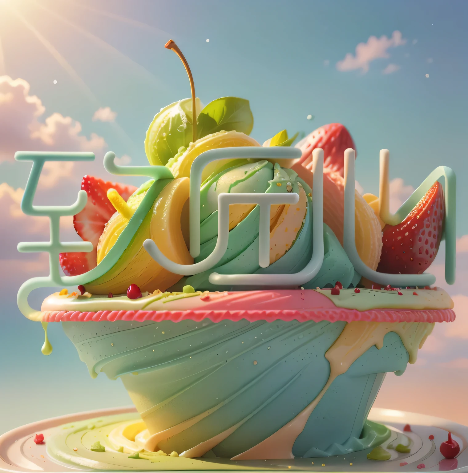 Blue sky and white clouds,Sunlight,Sunlight,Matcha Ice Cream Cone,Drizzle with dark chocolate sauce,Soft,delicious, panoramic,Vibrant green background,lifelike、Detailed images,Ultra-clear,best quality,food wallpaper,cherry,strawberry,Lemon slices,Banana slices