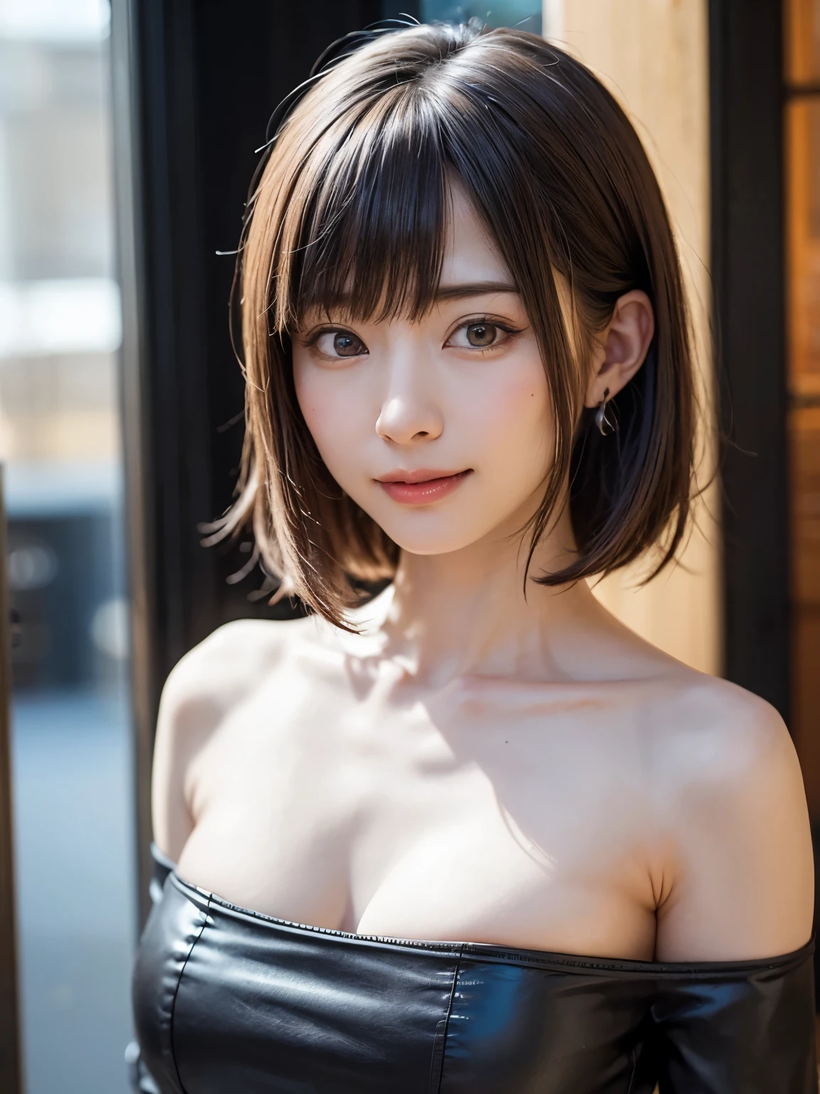 (software:1.8、masterpiece, highest quality),1 girl, alone, hyper Realistic, Realistic,Realistic, Looking at the audience, Light brown eyes:1.4,Brunette Short Bob Hair with highly detailed shiny hair, Brightly colored winter clothes, Lepangas:1.4), Outdoor, Mouth closed, Upper Body、big chest eye、eyelash、{Hugeな|big chest|Hugeなな|Mega} whole :2, chestの谷間:2、(((big chest eye、Short Bob Hair、Highlights from Students、Looking at the audience、She is very beautiful and cute、Show me your ears、Long neck、smile、Close your mouth and smile、Bangs and beautiful teeth)))、Ideal body type、（Norway covered in snow in winter）、美しいLong neck:1.4、(({Huge|big|Hugeな|Mega} chest, chestの谷間:2、Upper Bodyは服を着ていない:1.6))、(((Portraiture:2)))、Perfect Anatomy